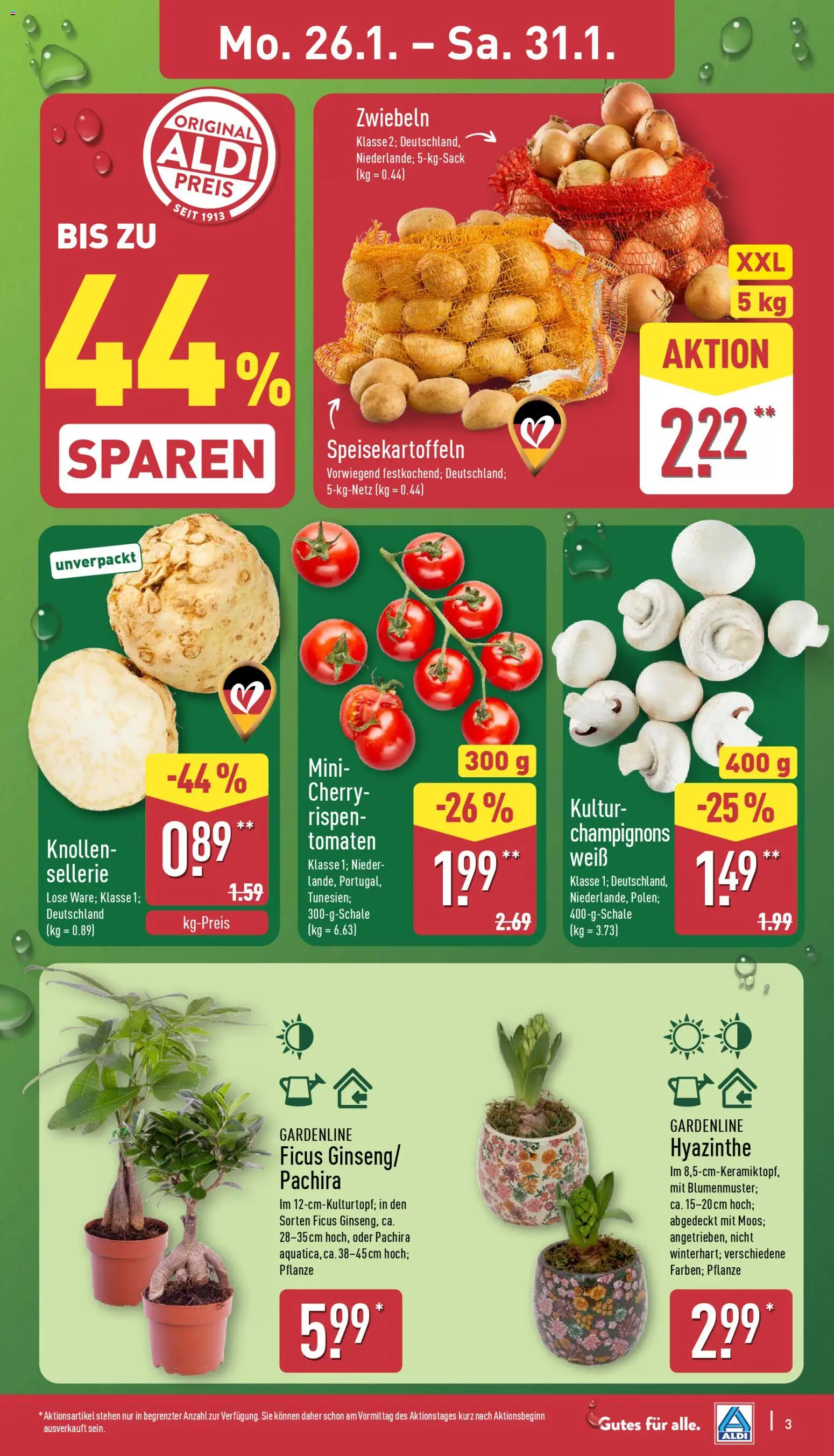 Aldi Prospekt 	 – gültig ab 26.01.2026 | Seite: 3 | Produkte: Tomaten, Champignons, Zwiebeln