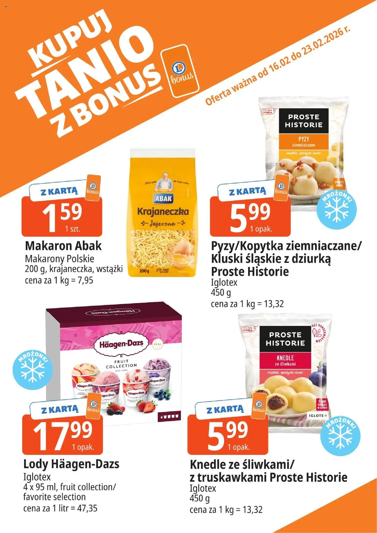 E.Leclerc Gazetka - Elbląg kupony dodatkowe od 16.02.2026 | Strona: 5 | Produkty: Karta, Makarony, Knedle, Lody