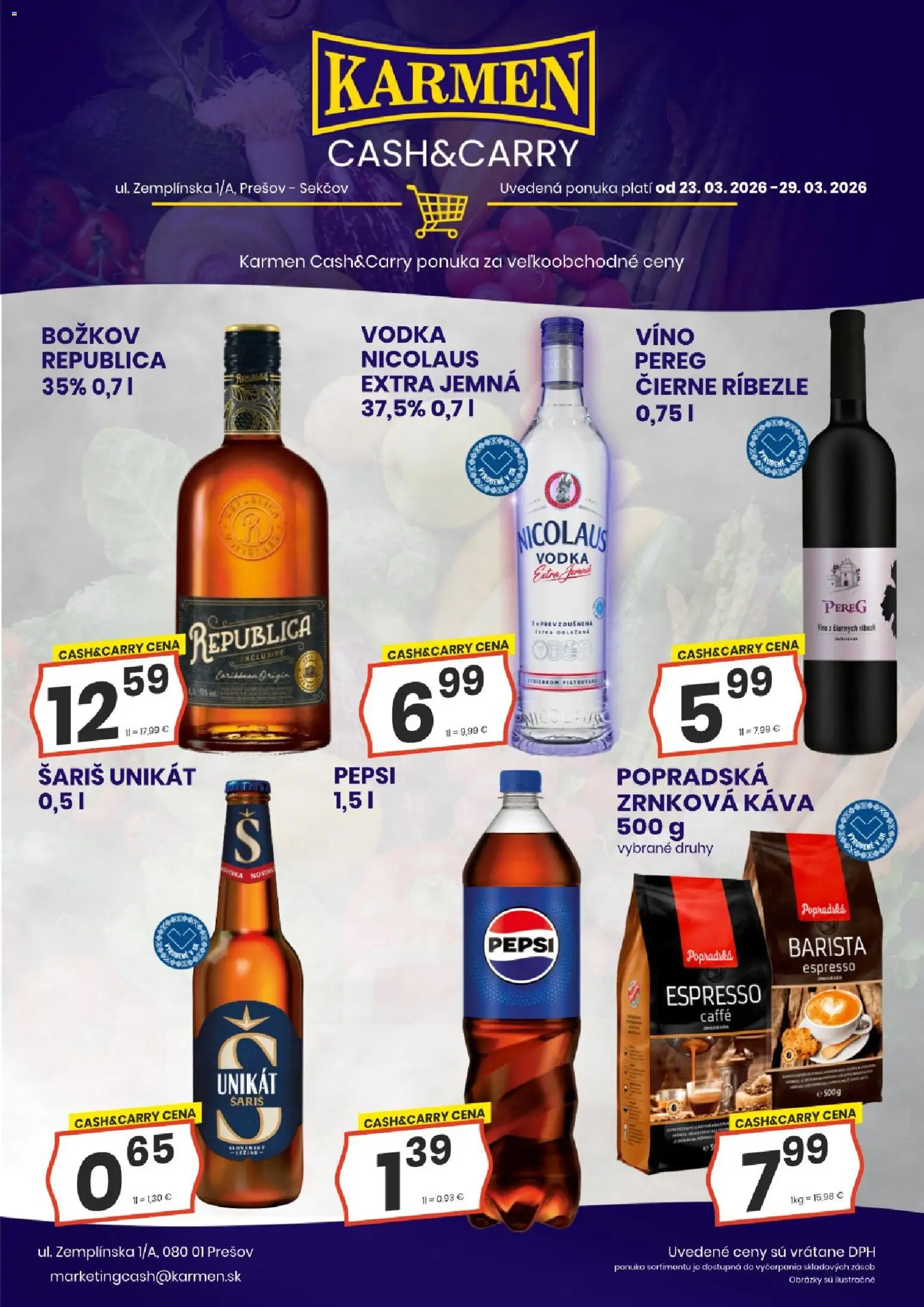 Nové KARMEN CBA akcie – leták je platný od 23.03.2026 | Strana: 1 | Produkty: Káva, Barista, Šariš, Nicolaus vodka