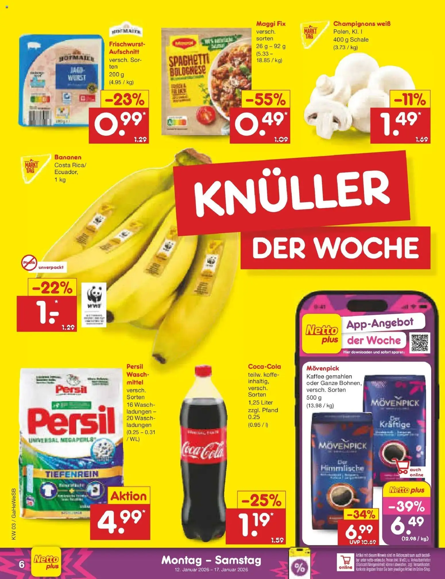 Netto Marken-Discount prospekt Bremen-Lesum	 – gültig ab 12.01.2026 | Seite: 6 | Produkte: Cola, Bananen, Champignons, Persil