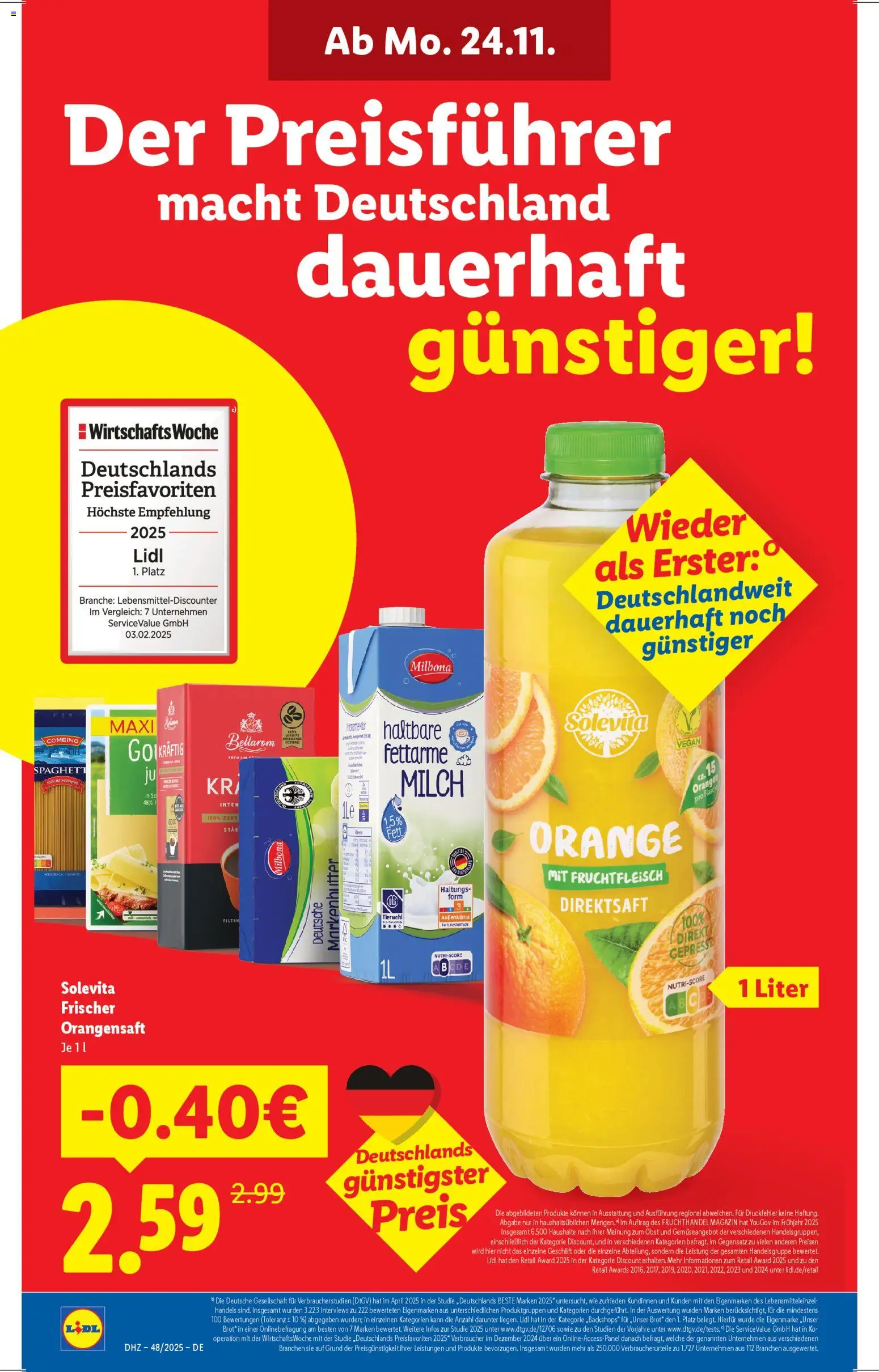 Lidl Prospekt Gundelsheim – gültig ab 24.11.2025 | Seite: 2 | Produkte: Milch, Orangensaft, Obst, Brot
