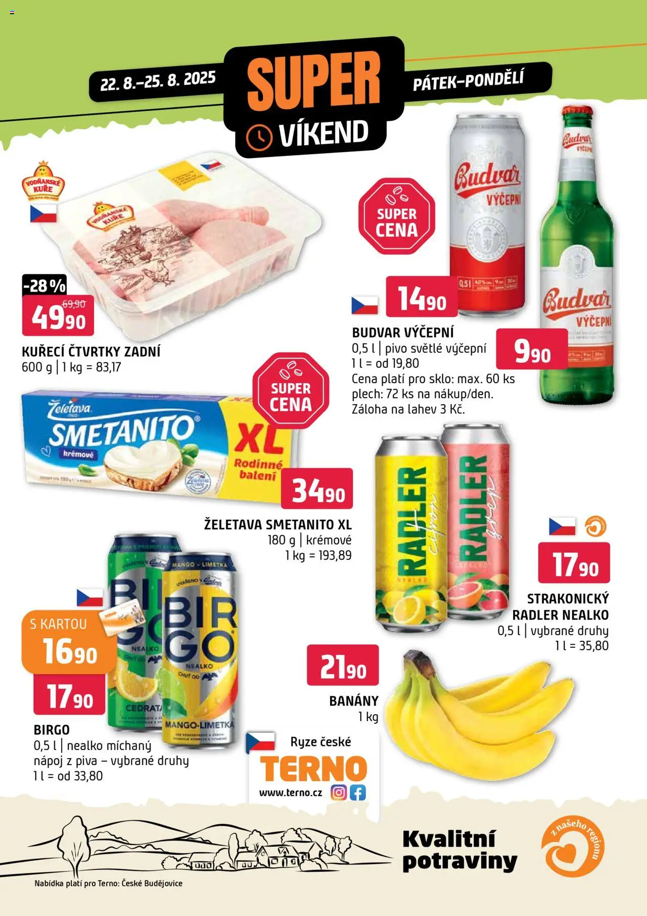 Terno leták - Super víkend - České Budějovice od 22.08.2025 | Strana: 1 | Produkty: Pivo, Rýže, Potraviny, Láhev