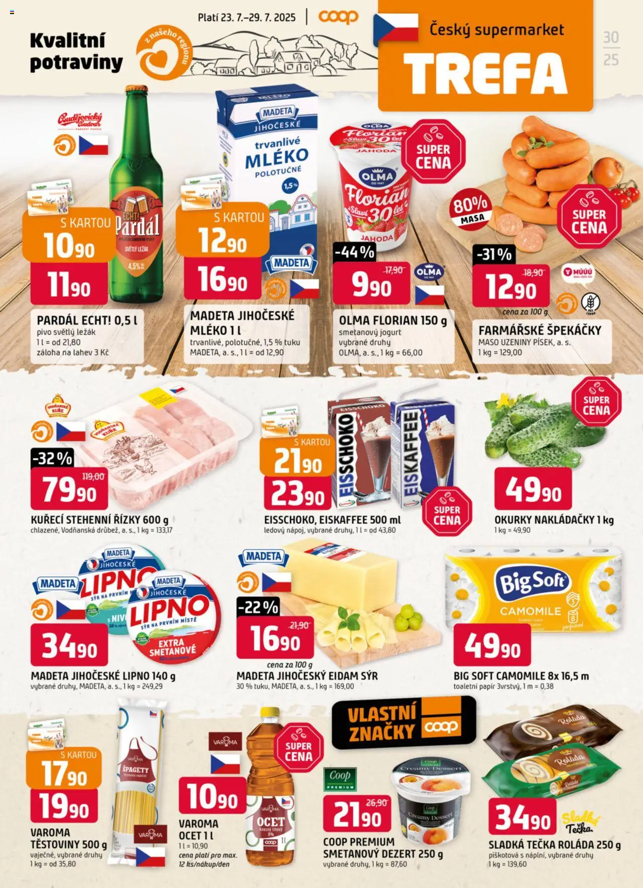 Trefa leták od 23.07.2025 | Strana: 1 | Produkty: Kuřecí stehenní řízky, Smetanový jogurt, Pardál, Špagety