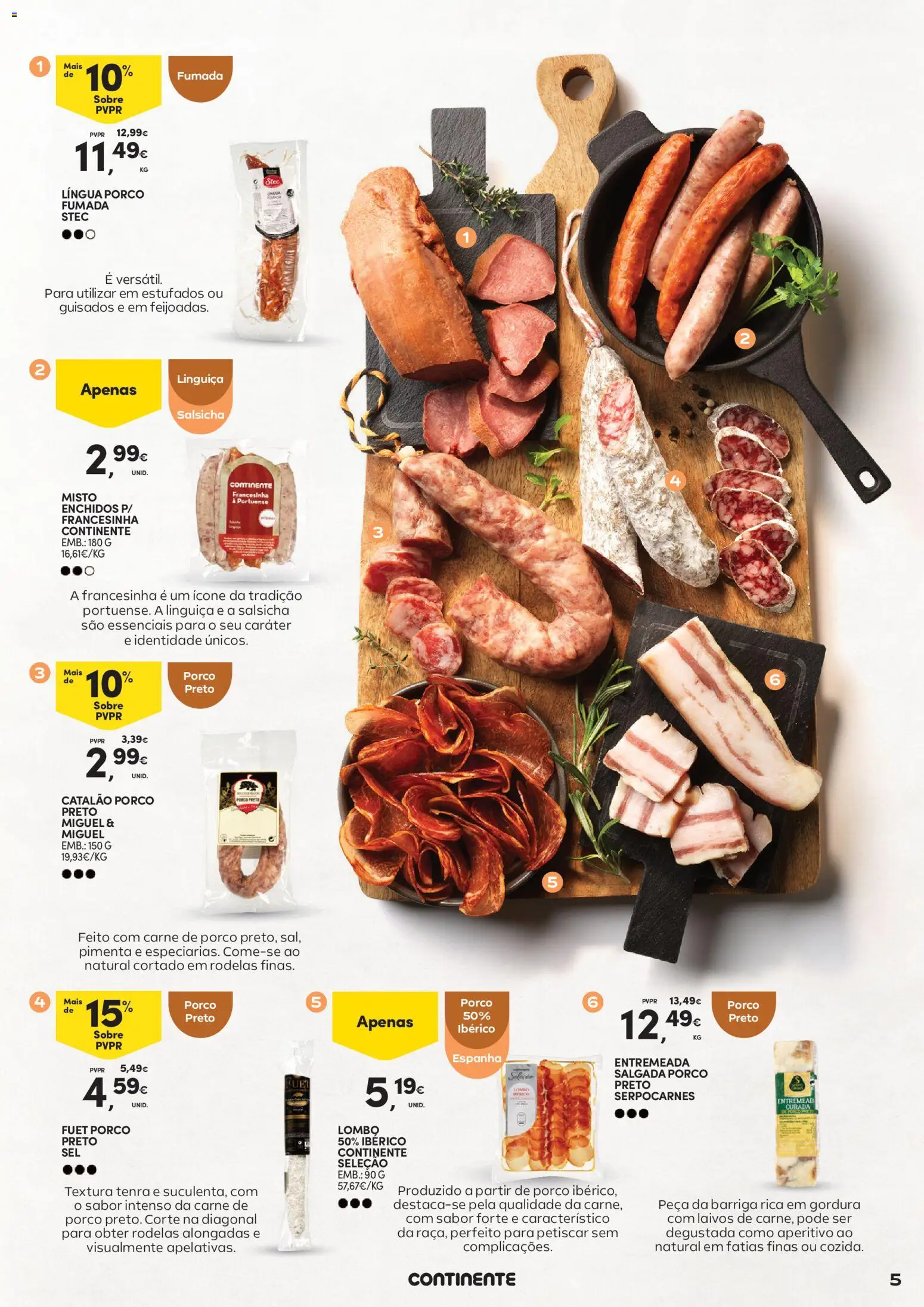 Continente - Queijos, Enchidos e Vinhos Aproveite para petiscar │ válido de 03.02.2026 | Página: 5 | Produtos: Pimenta, Salsicha, Carne de porco, Carne