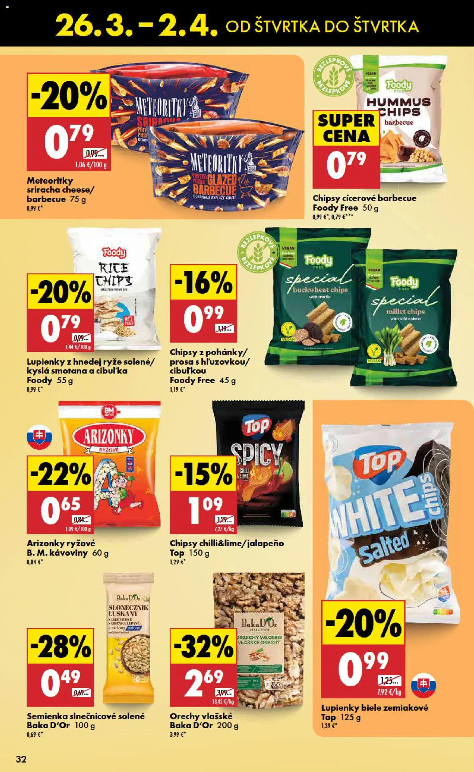 Nové Biedronka akcie – leták je platný od 26.03.2026 | Strana: 32 | Produkty: Smotana, Chipsy, Orechy, Vlašské orechy
