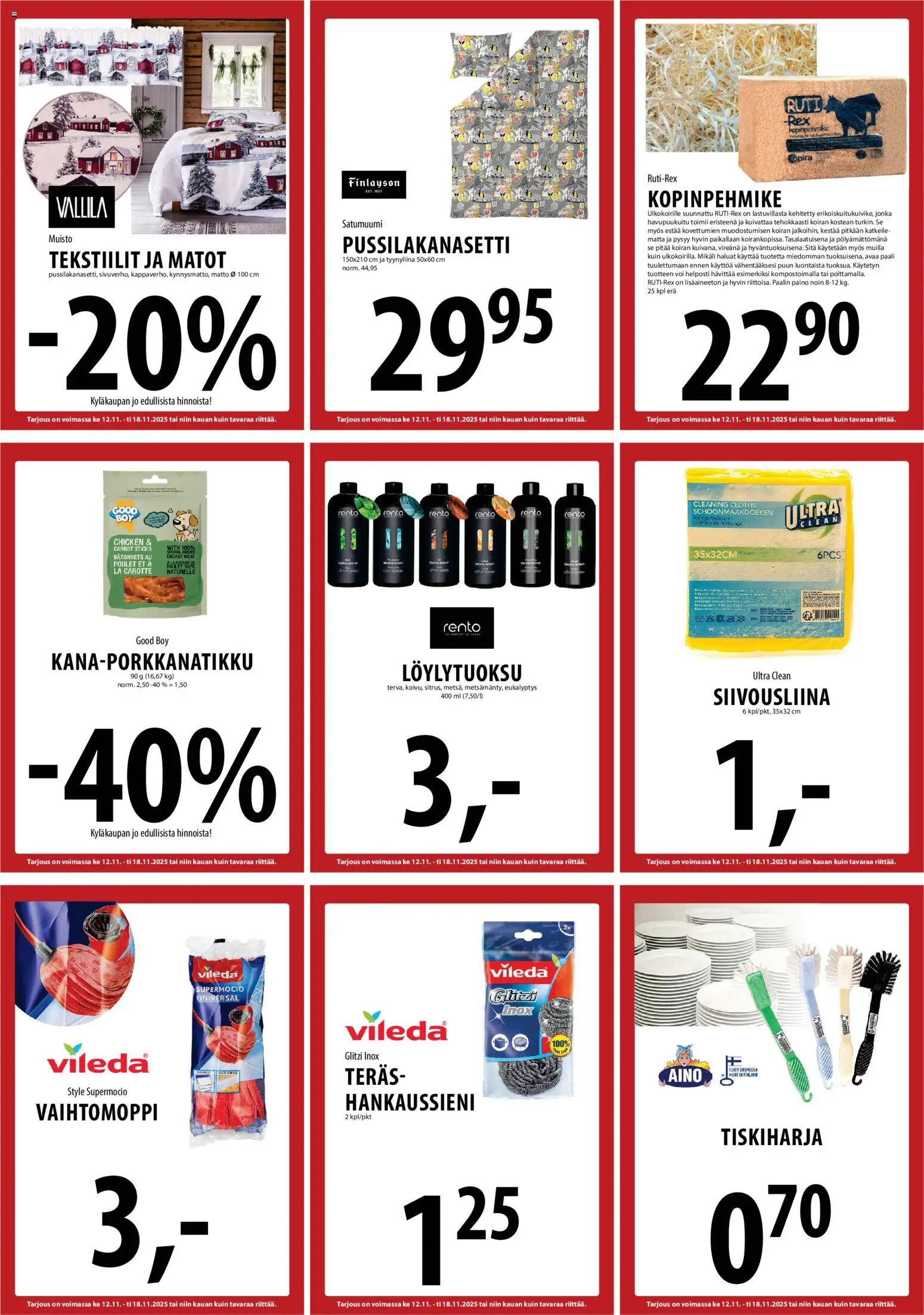 Tuuri tarjoukset – voimassa 12.11.2025 alkaen | Sivu: 17 | Tuotteet: Matot, Matto, Tiskiharja, Tyynyliina