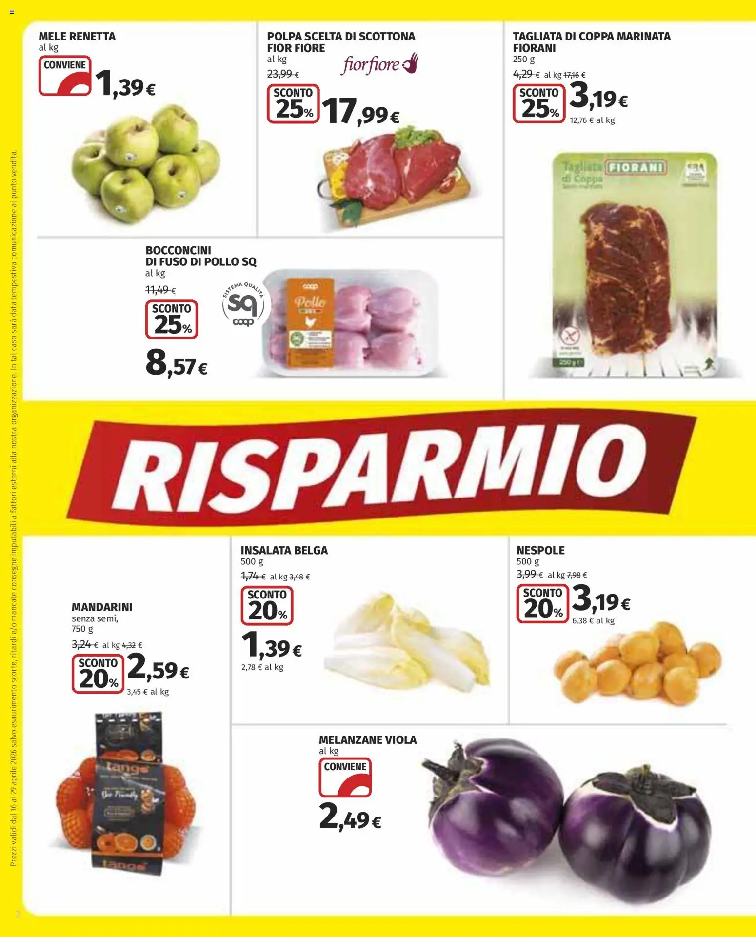 Volantino COOP del 16.04.2026 | Pagina: 2 | Prodotti: Mele, Mandarini, Insalata, Melanzane