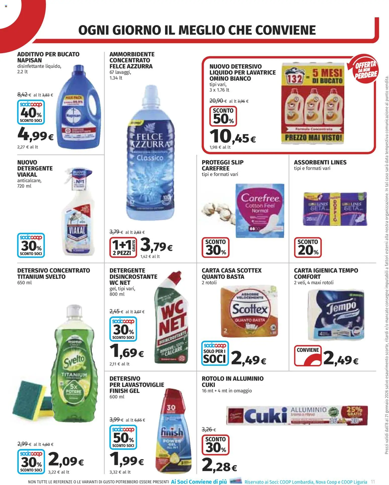 Volantino COOP del 08.01.2026 | Pagina: 11 | Prodotti: Proteggi slip, Detergente, Lavastoviglie, WC