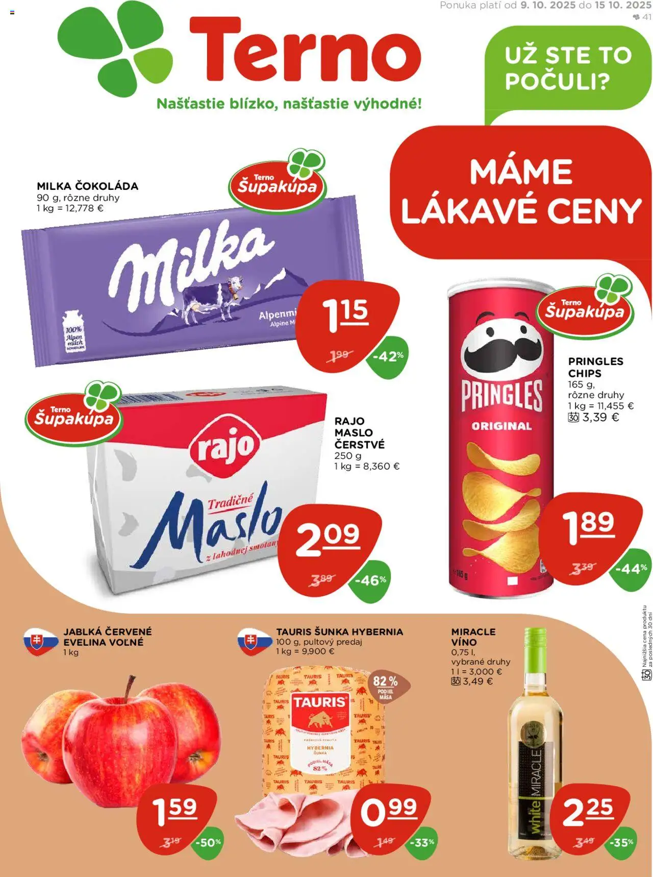Nové Terno akcie – leták je platný od 09.10.2025 | Strana: 1 | Produkty: Maslo, Jablká, Pringles, Milka