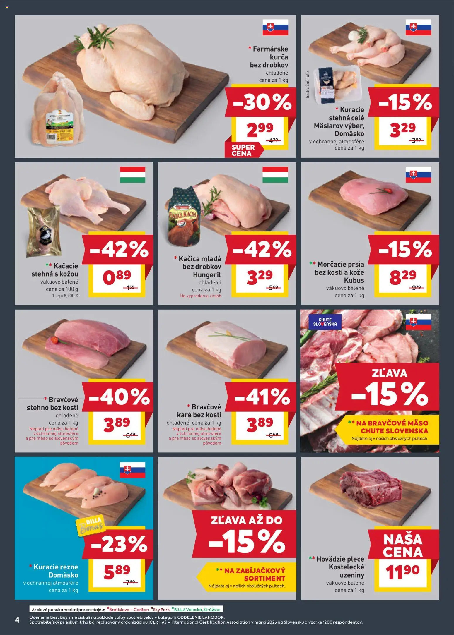 Nové Billa akcie – leták je platný od 12.11.2025 | Strana: 4 | Produkty: Bravčové stehno, Kuracie rezne, Kuracie stehná, Kurča