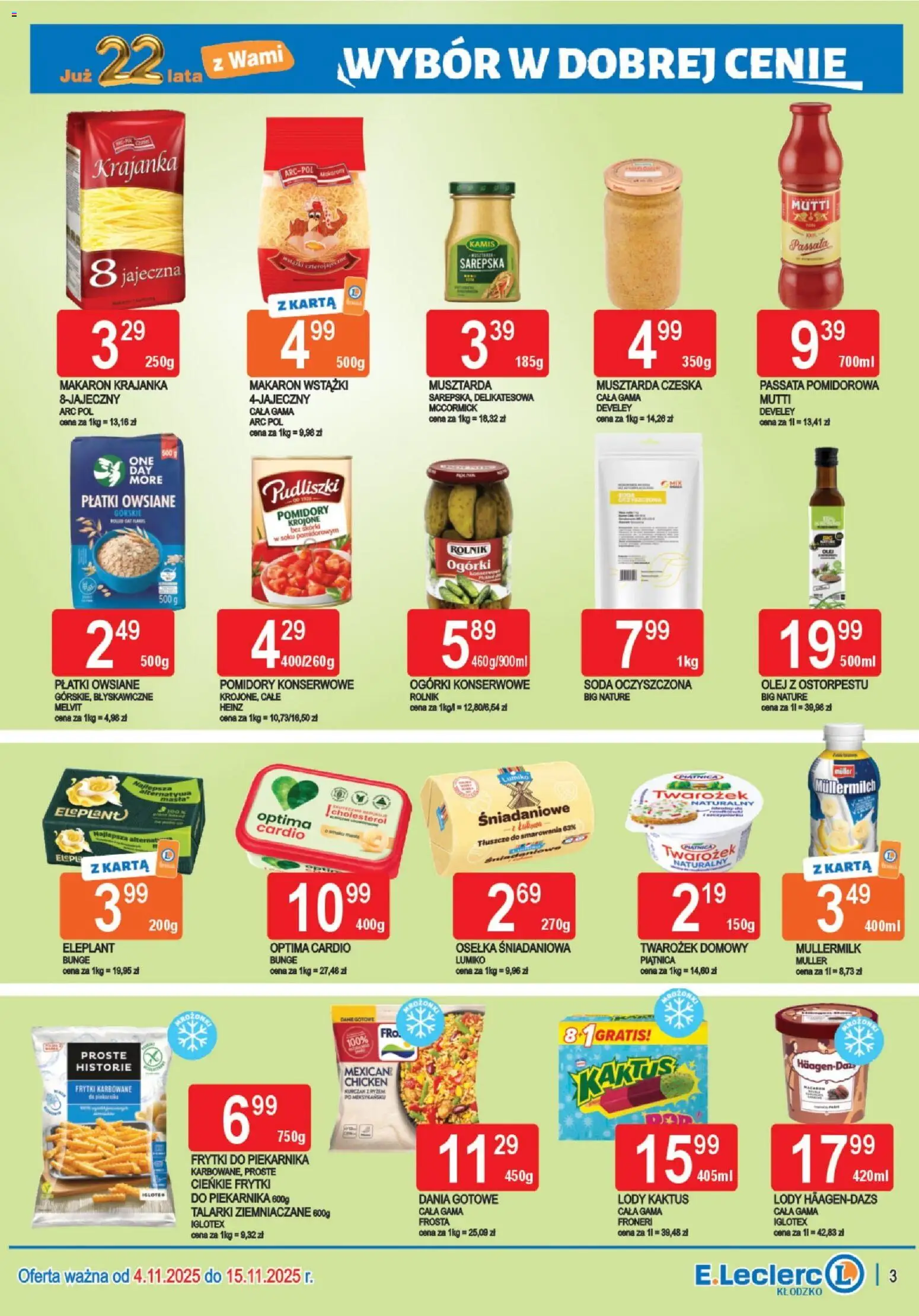 E.Leclerc Gazetka - Kłodzko od 04.11.2025 | Strona: 3 | Produkty: Makaron wstążki, Pomidory, Twarożek, Ogórki konserwowe