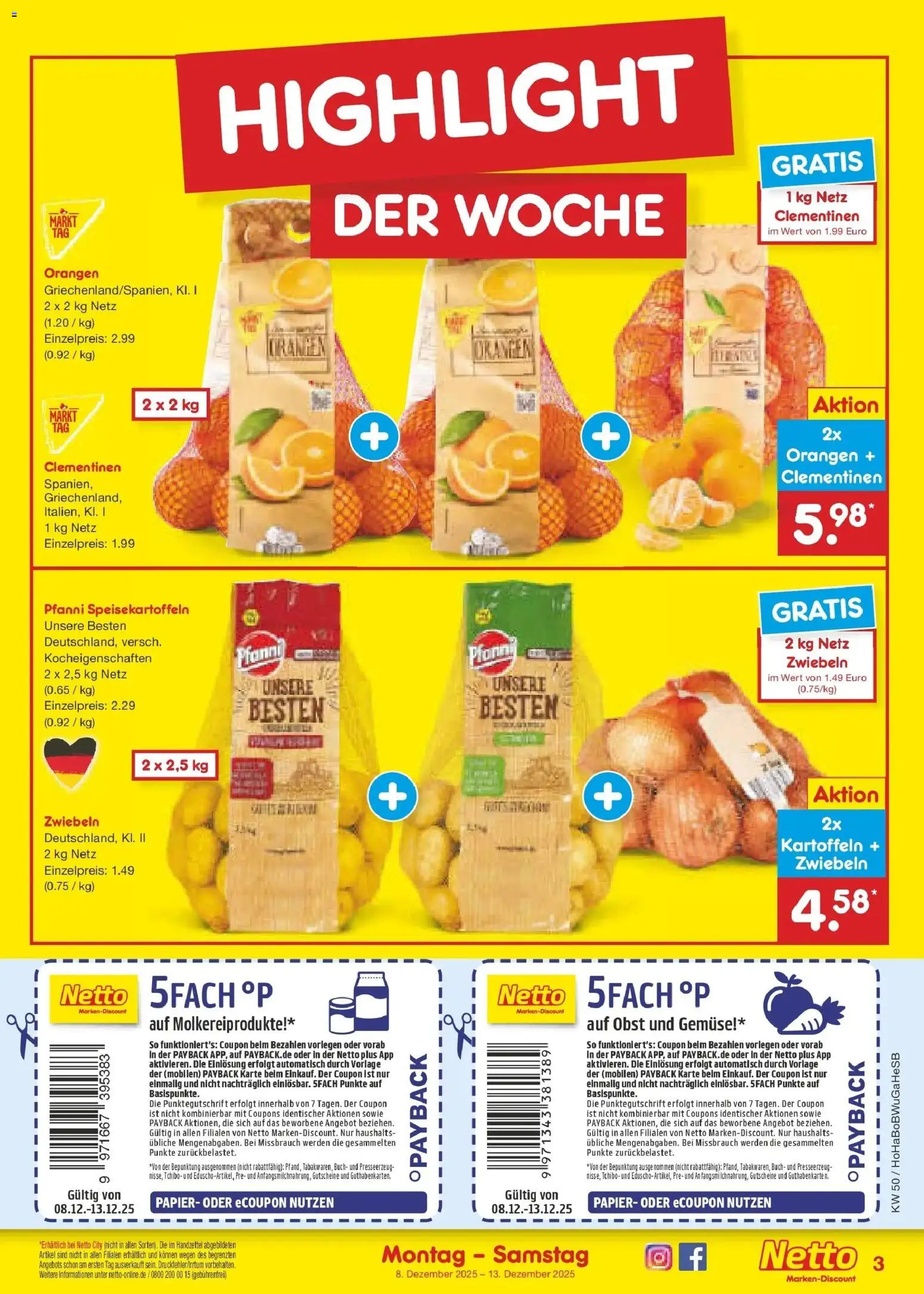 Netto Marken-Discount Prospekt 	 – gültig ab 08.12.2025 | Seite: 3 | Produkte: Kartoffeln, Zwiebeln, Gemüse, Obst