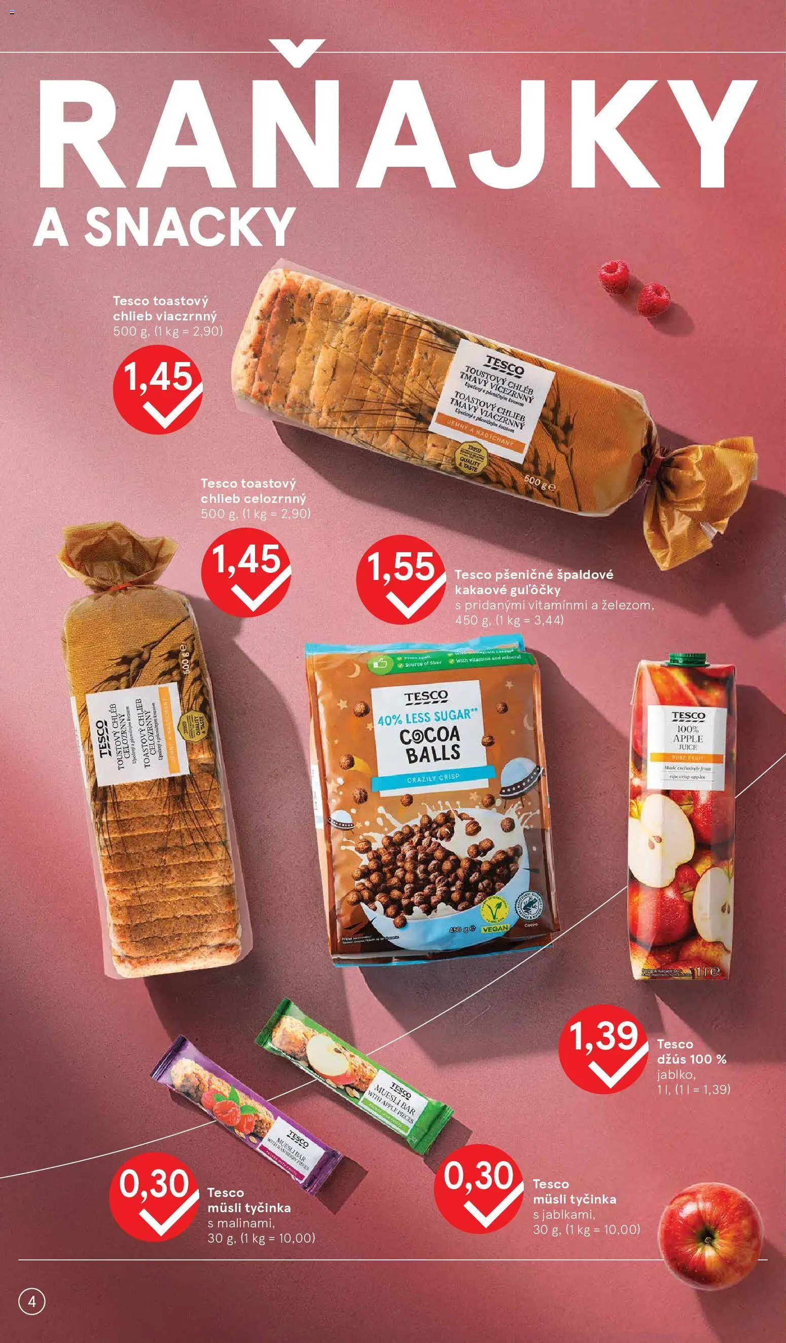 Nové Tesco akcie – leták je platný od 07.01.2026 | Strana: 4 | Produkty: Chlieb, Džús, Apple