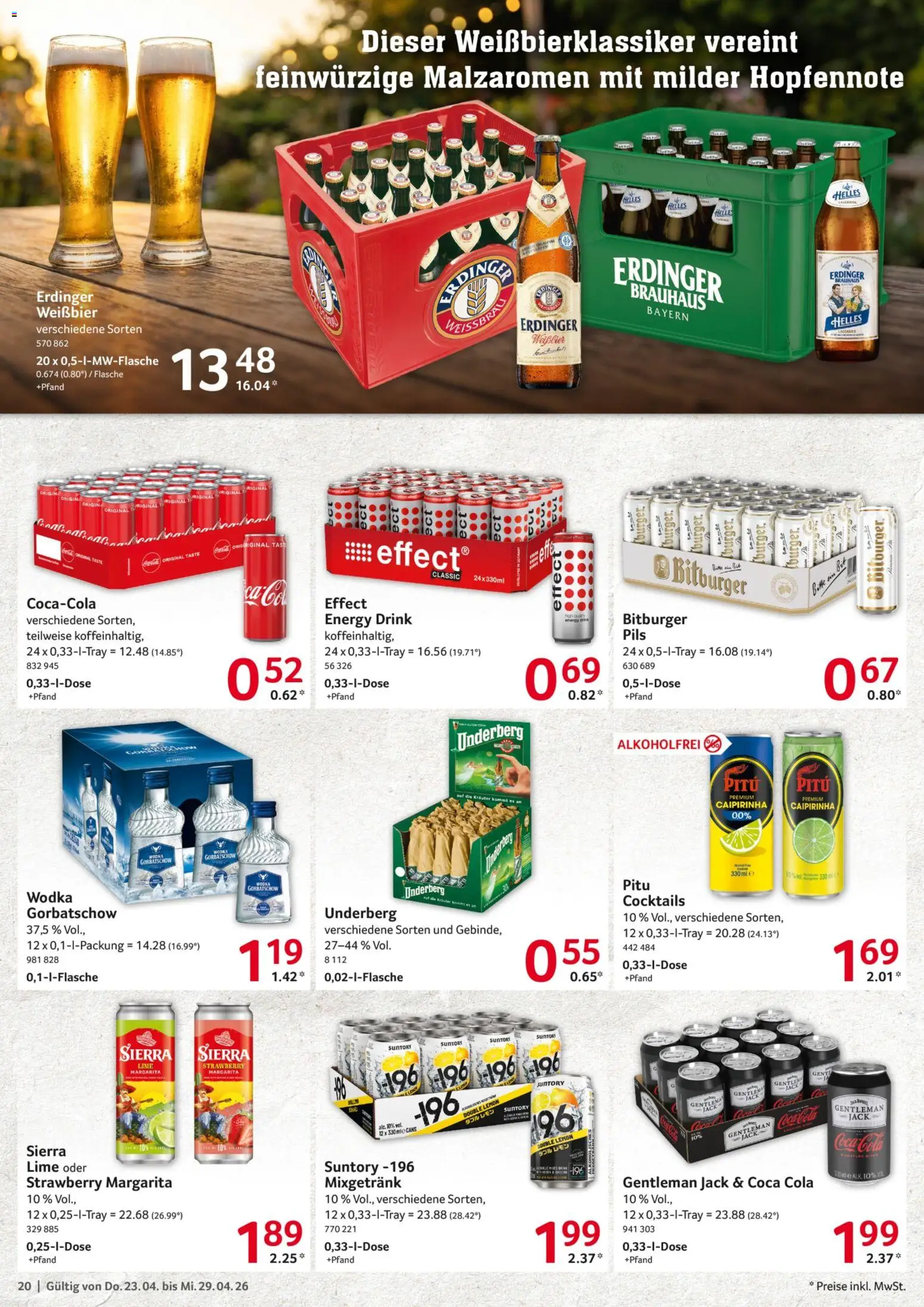 Selgros Prospekt 	 – gültig ab 23.04.2026 | Seite: 20 | Produkte: Coca cola, Erdinger, Wodka gorbatschow, Underberg