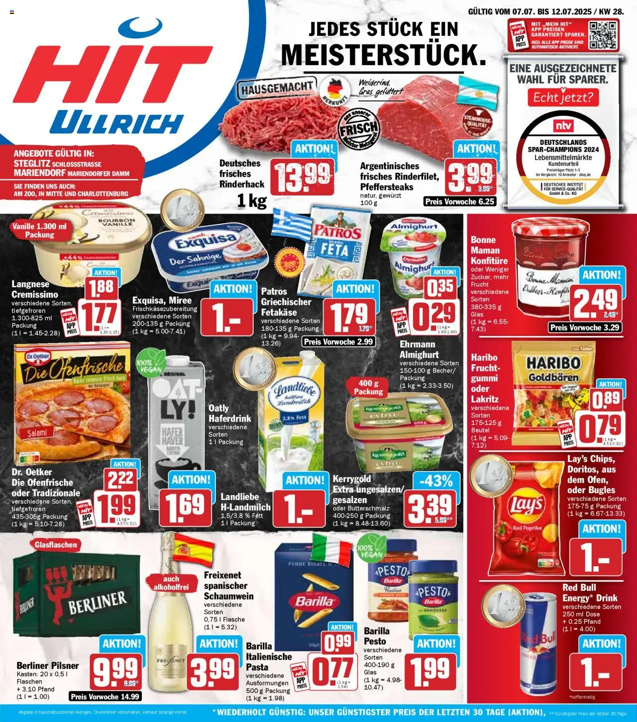 HIT Prospekt 	 - gültig ab dem 07.07.2025 | Seite: 1 | Produkte: Berliner, Barilla pesto, Haferdrink, Pasta