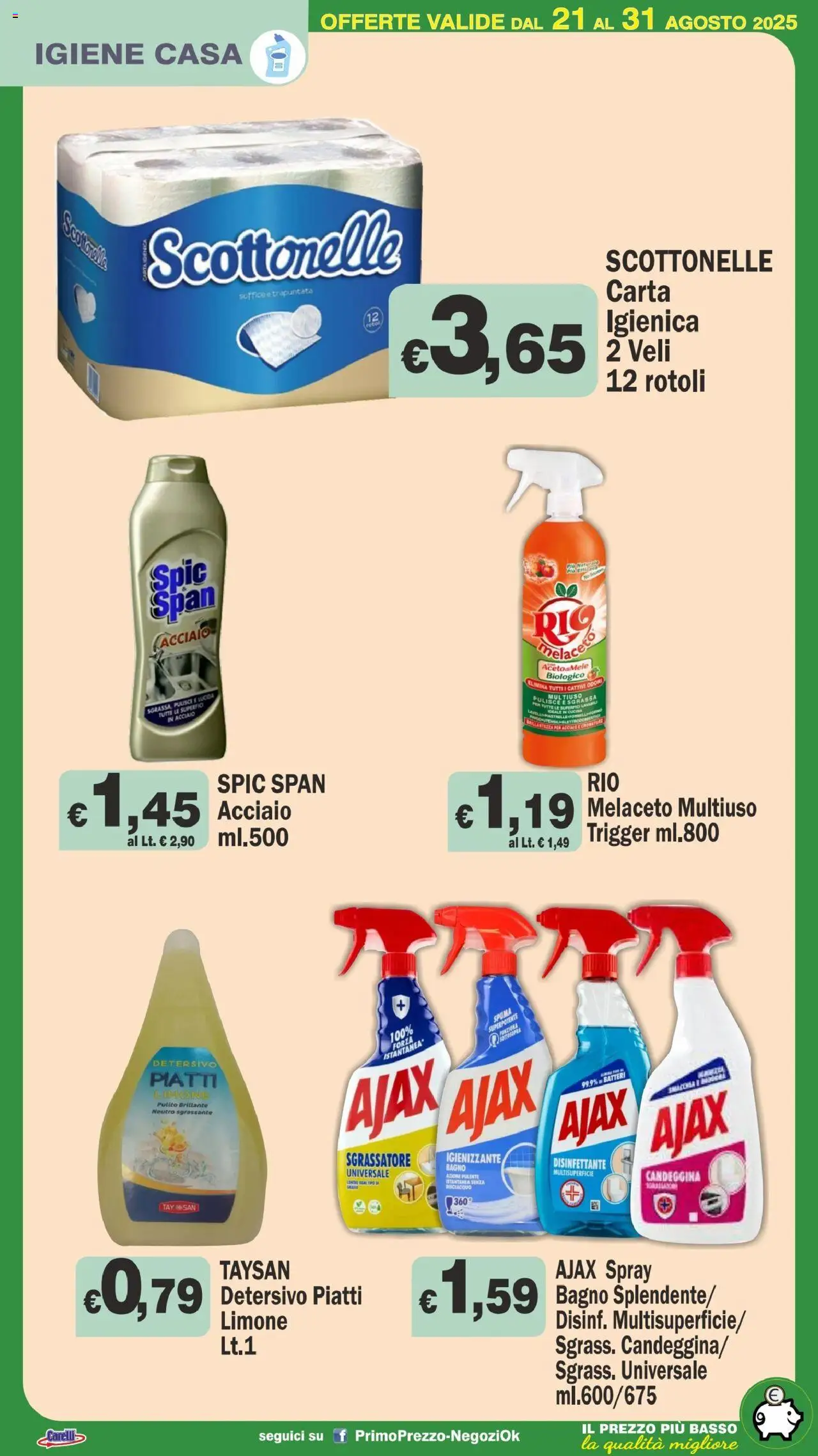 Volantino Primo Prezzo del 21.08.2025 | Pagina: 19 | Prodotti: Candeggina, Sgrassatore, Limone, Bagno