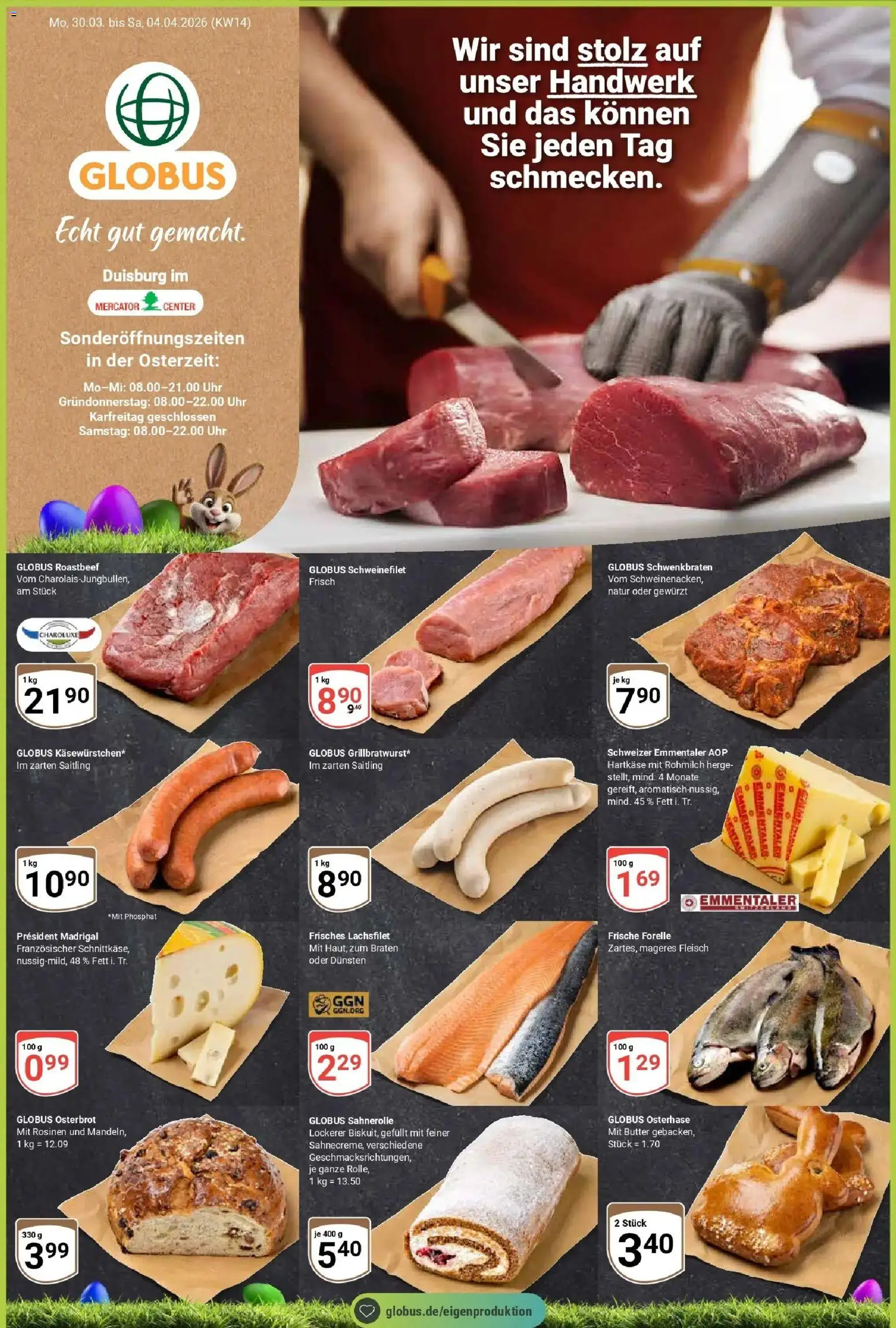 Globus prospekt Duisburg	 – gültig ab 30.03.2026 | Seite: 1 | Produkte: Butter, Roastbeef, Rosinen, Uhr
