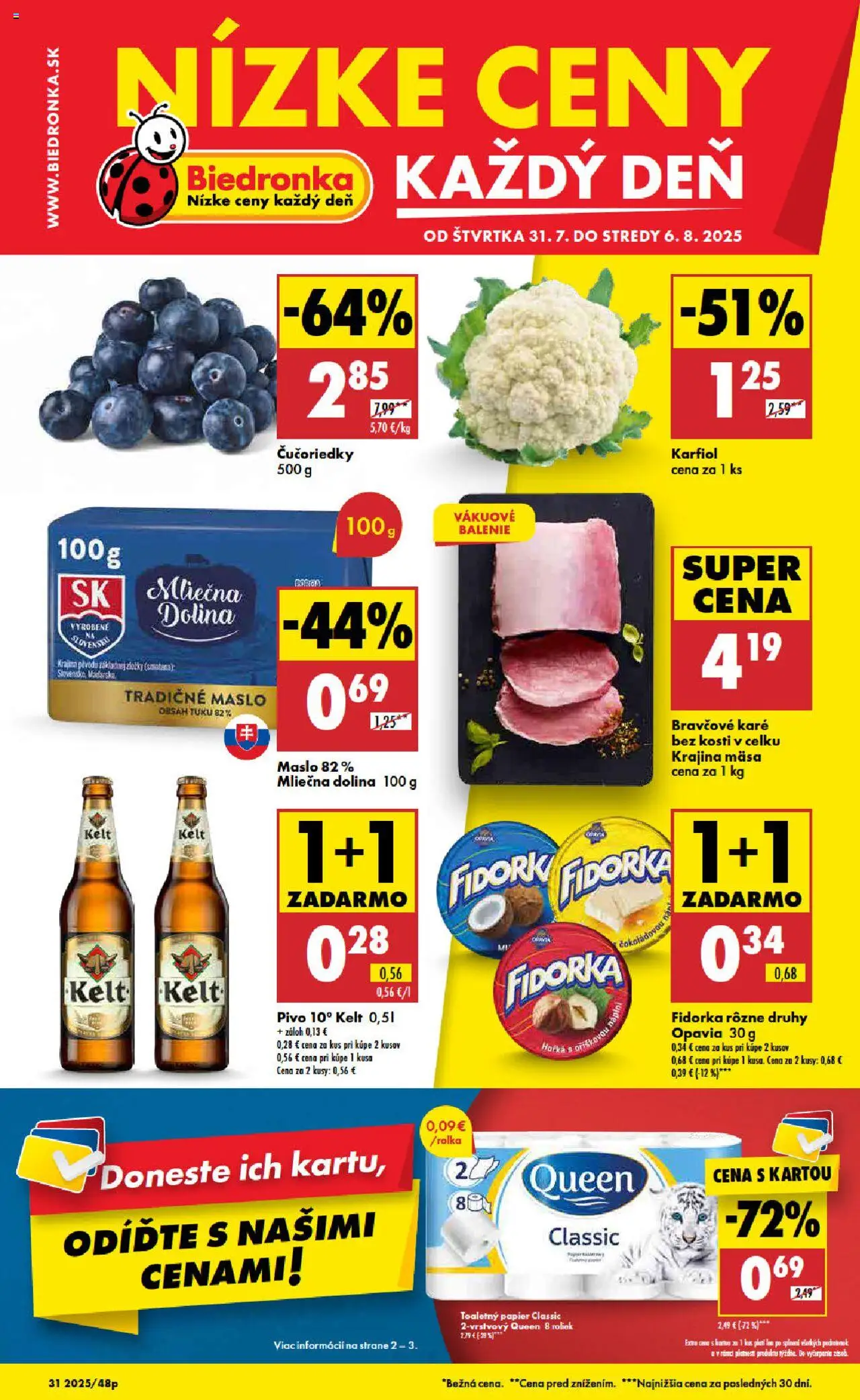 Biedronka leták │ platný od 31.07.2025 | Strana: 1 | Produkty: Maslo, Karfiol, Čučoriedky, Bravčové karé