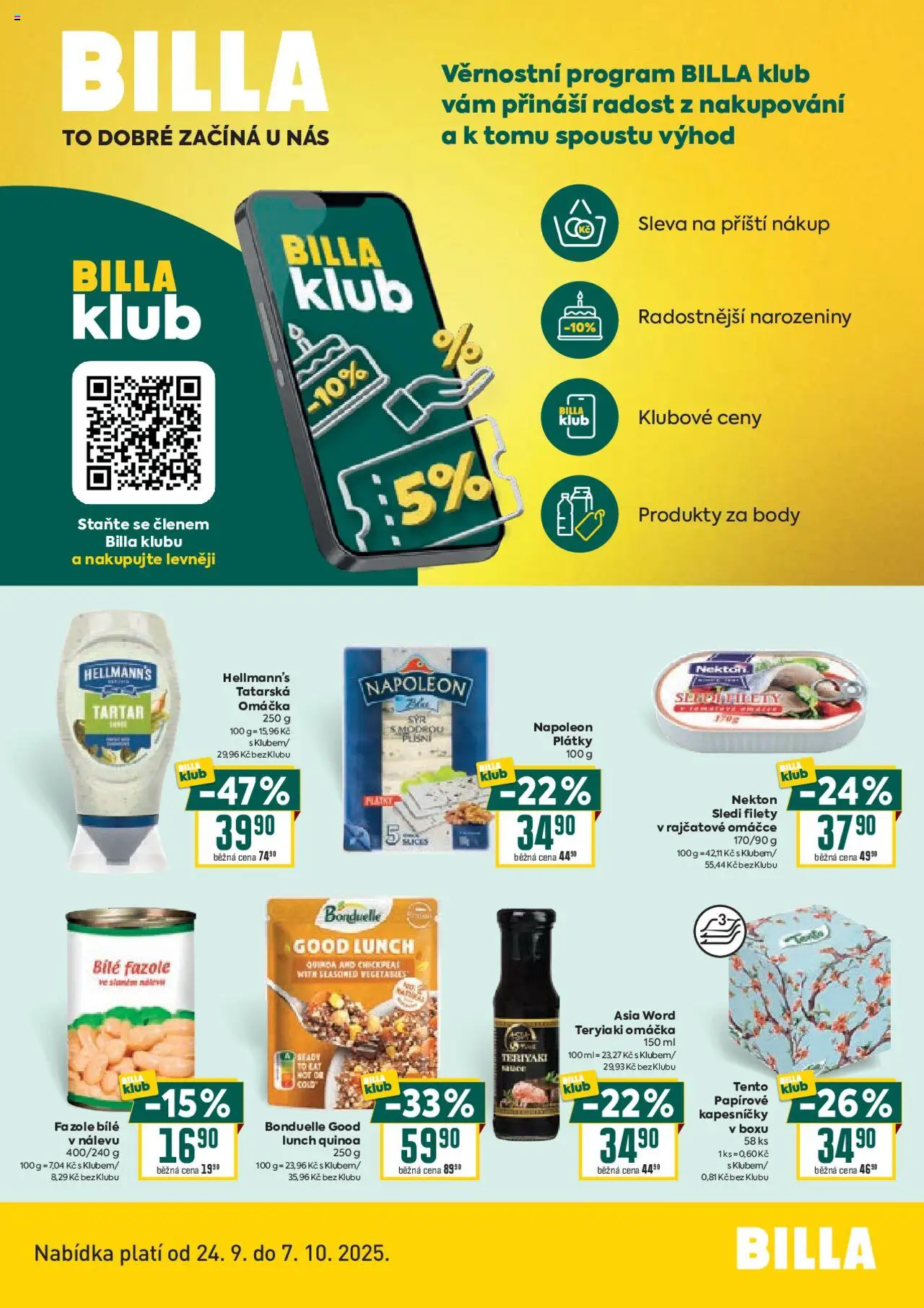 Billa leták - Bonus club od 24.09.2025 | Strana: 1 | Produkty: Hellmann's, Lunch, Fazole, Quinoa