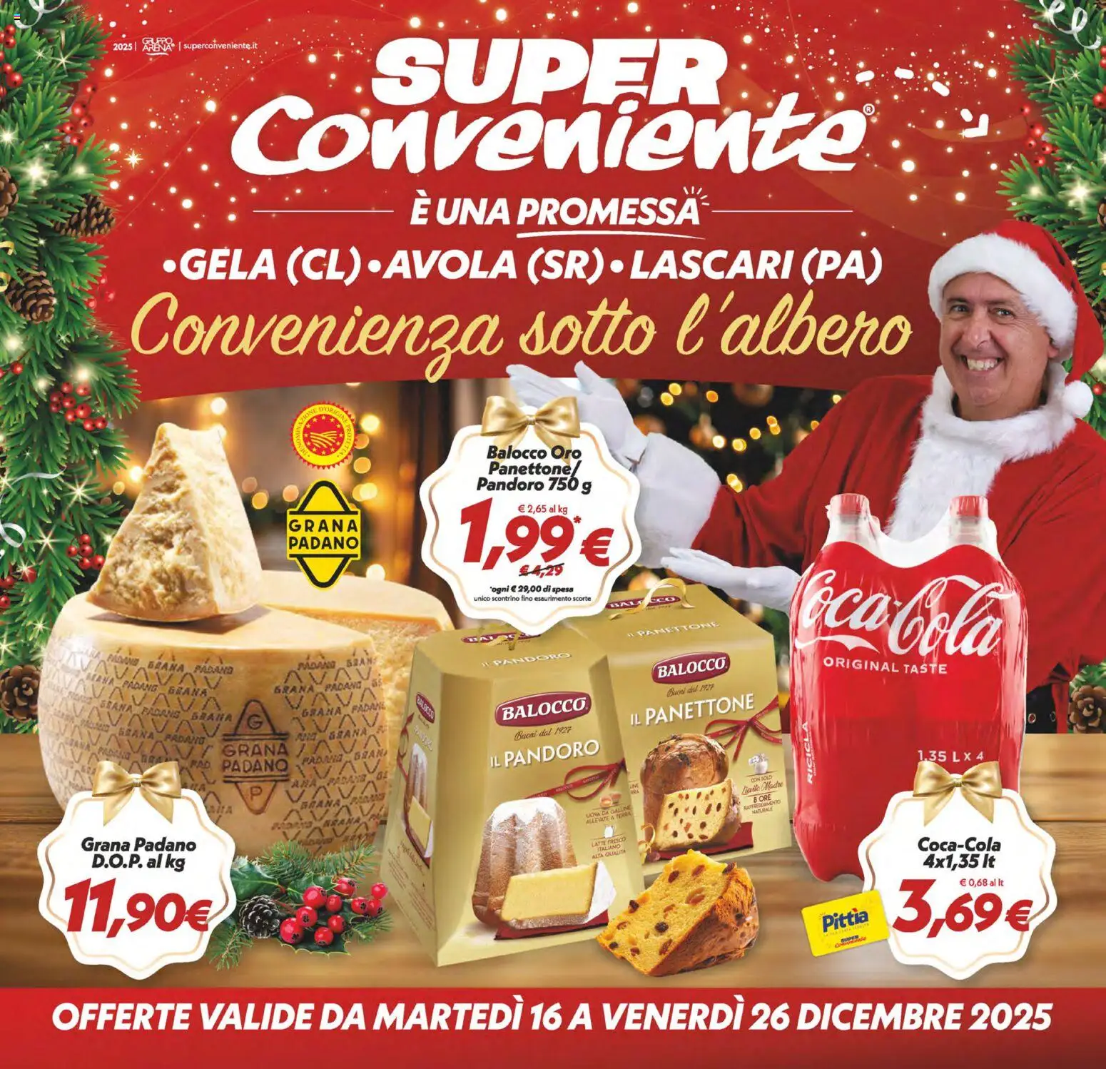 Volantino SuperConveniente del 16.12.2025 | Pagina: 1 | Prodotti: Pandoro, Grana Padano, Coca Cola, Terra