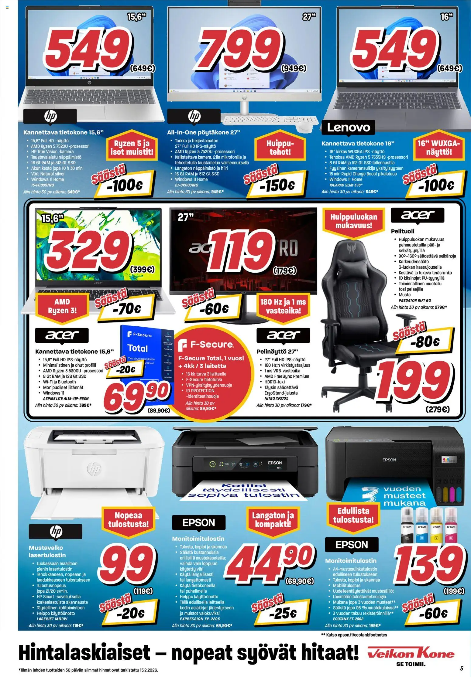 Veikon Kone tarjoukset – voimassa 16.02.2026 alkaen | Sivu: 5 | Tuotteet: Pelituoli, Tietokone, Pöytäkone, Kamera