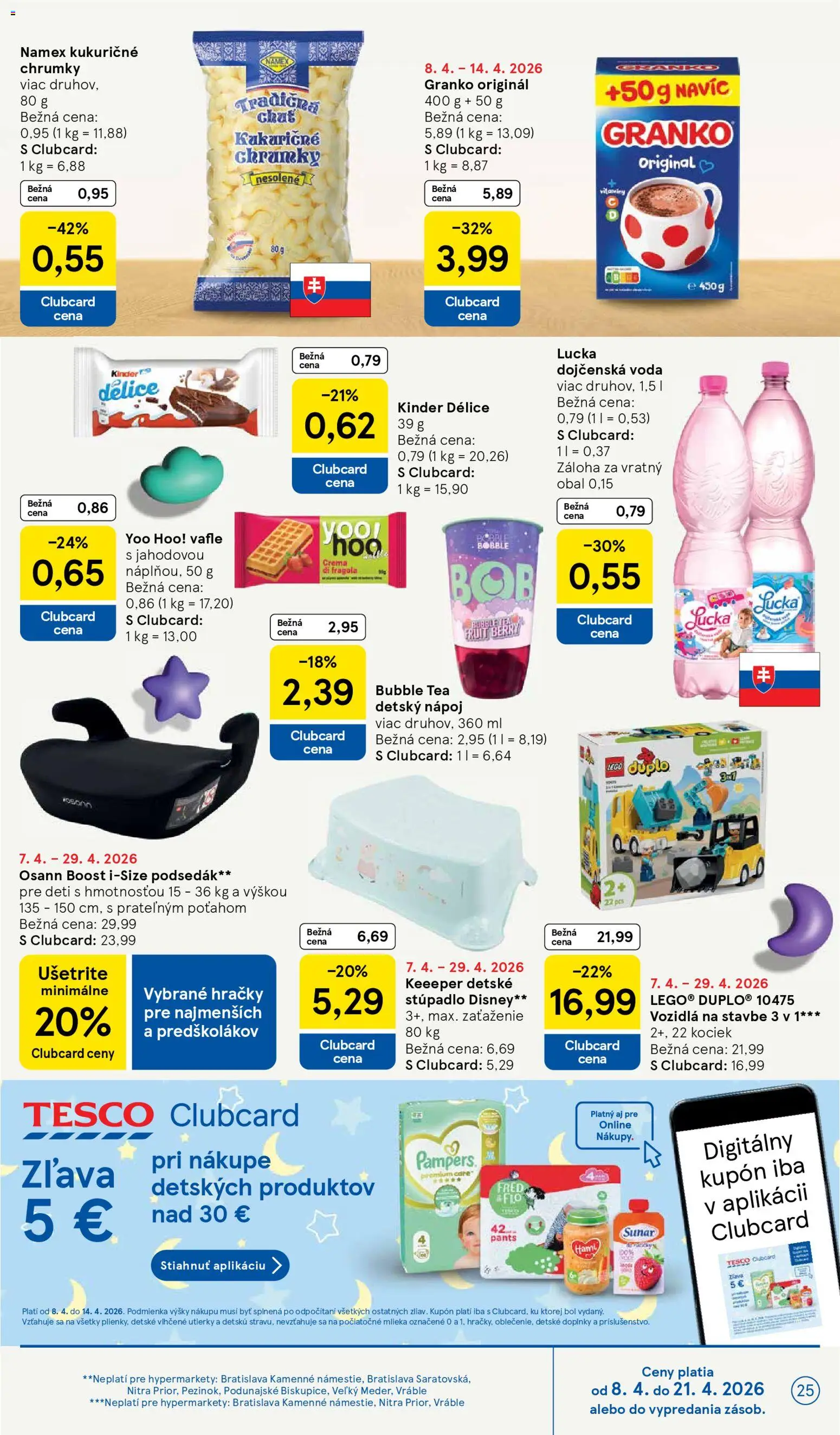 Nové Tesco akcie – leták je platný od 08.04.2026 | Strana: 25 | Produkty: Kinder, LEGO, Lucka, Granko
