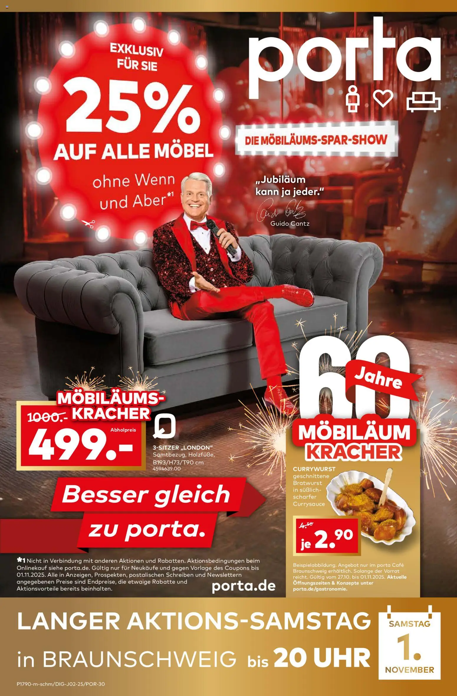 Porta! Möbiläums-Spar-Show mit Guido Cantz und 25% auf ALLE Möbel - Braunschweig – gültig ab 27.10.2025 | Seite: 1 | Produkte: Bratwurst, Uhr