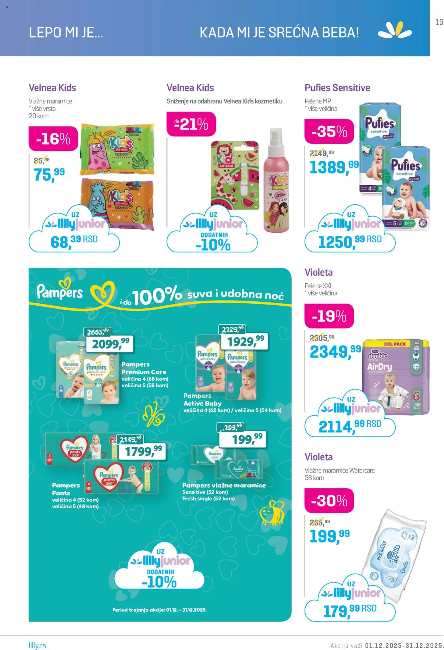 Lilly drogerie katalog - važi od 01.12.2025 | Strana: 19 | Proizvode: Pampers, Vlažne maramice, Pelene