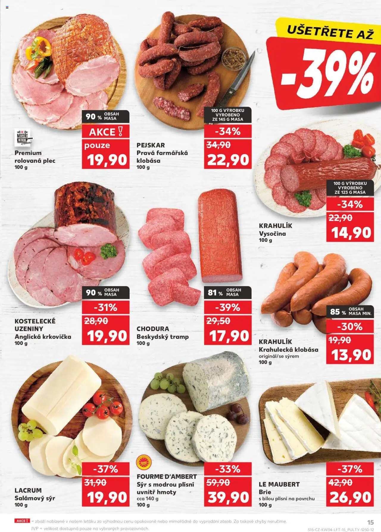 Kaufland leták - Brno od 20.08.2025 | Strana: 15 | Produkty: Sýr, Klobása, Uzeniny, Vysočina
