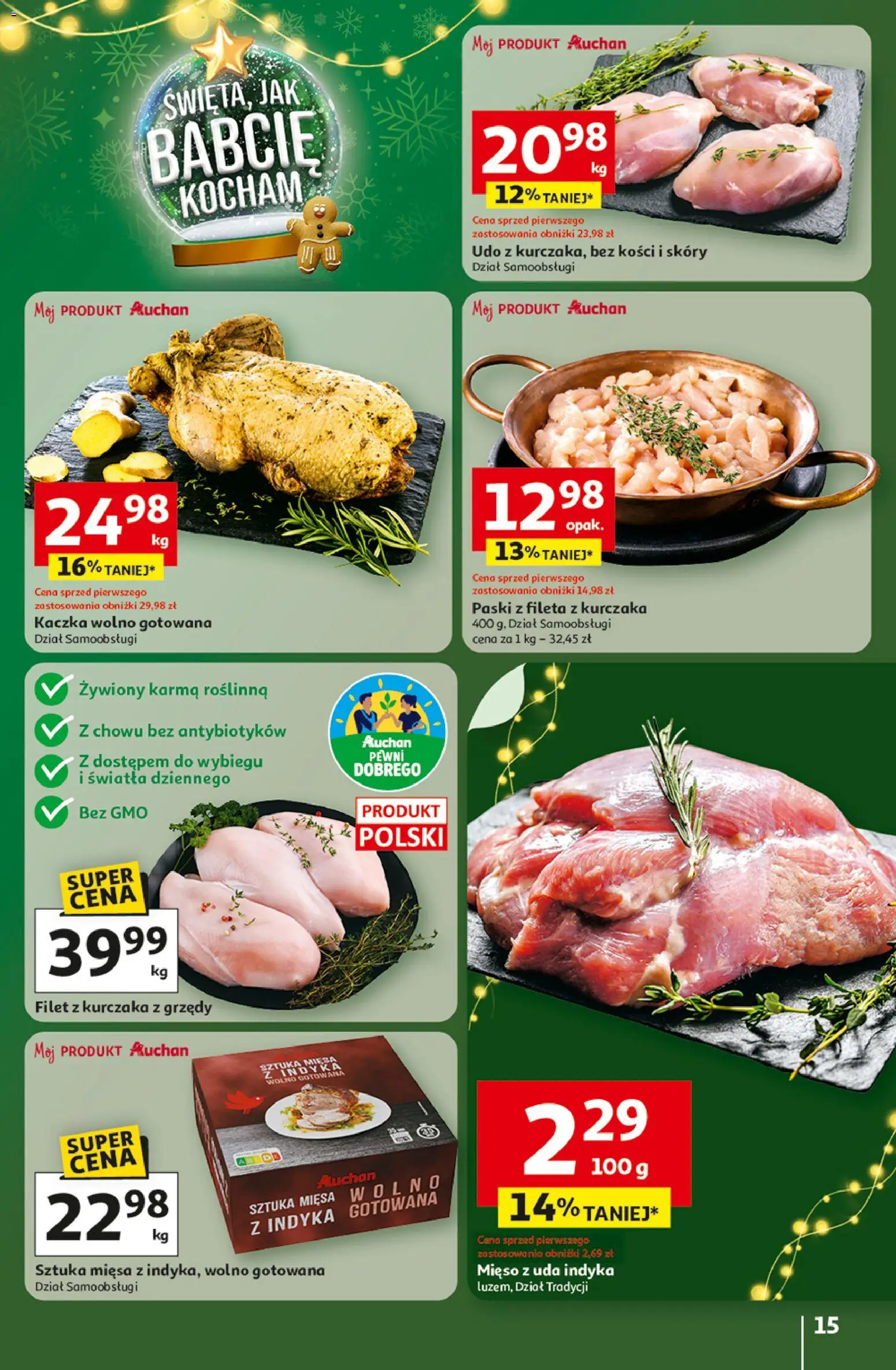 Auchan Gazetka - Święta jak babcię kocham Hipermarket od 11.12.2025 | Strona: 15 | Produkty: Mięso, Kaczka, Filet z kurczaka