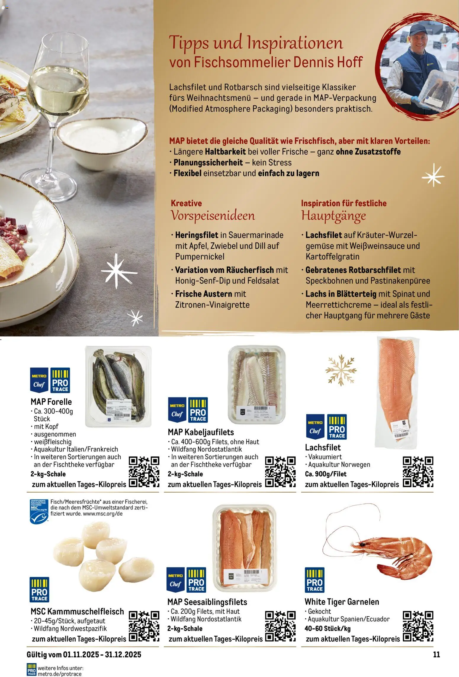 Metro Saisonkatalog Festliche Momente – gültig ab 01.11.2025 | Seite: 11 | Produkte: Garnelen, Lachs, Gemüse, Tiger garnelen