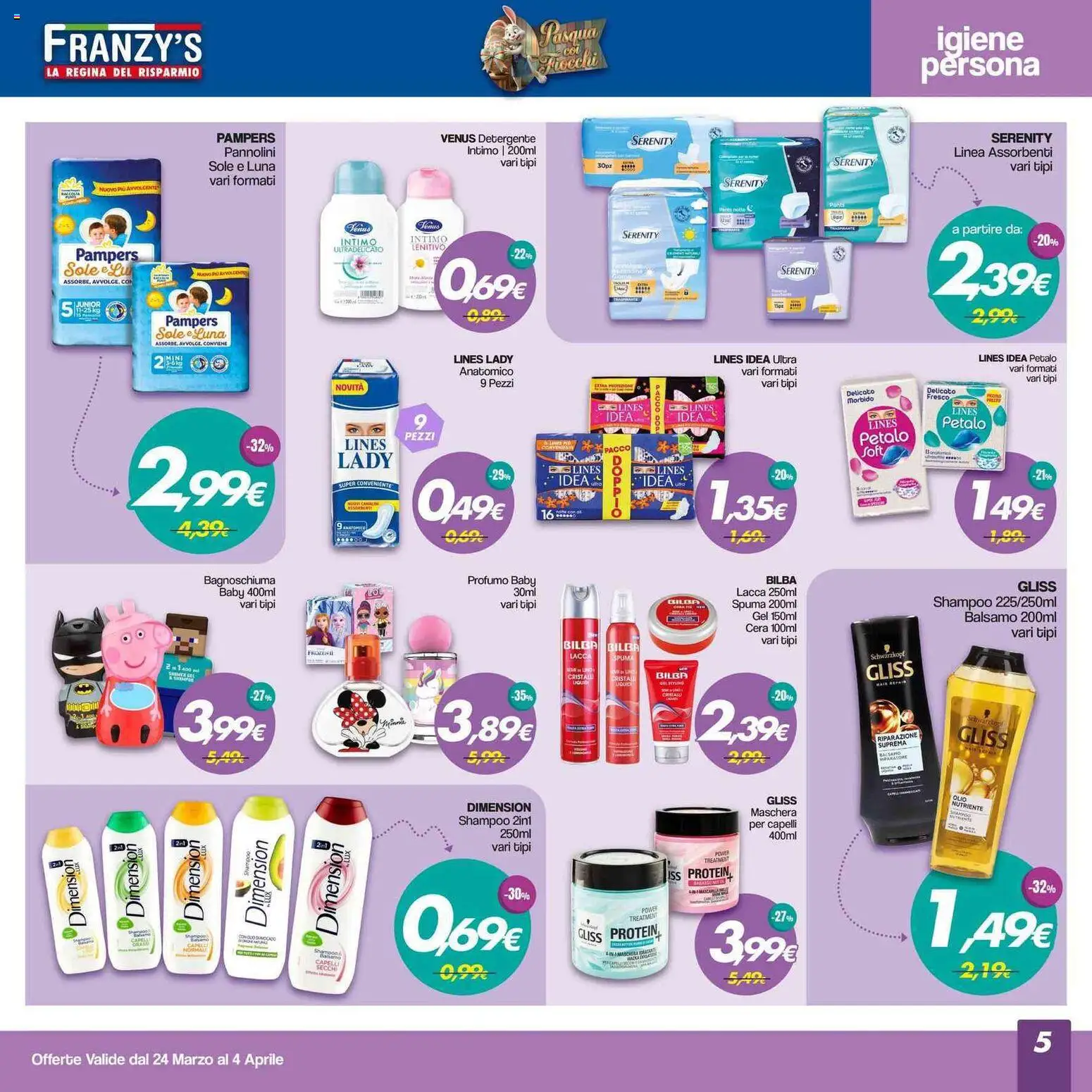 Volantino Franzy's del 24.03.2026 | Pagina: 5 | Prodotti: Shampoo, Detergente intimo, Intimo, Pampers