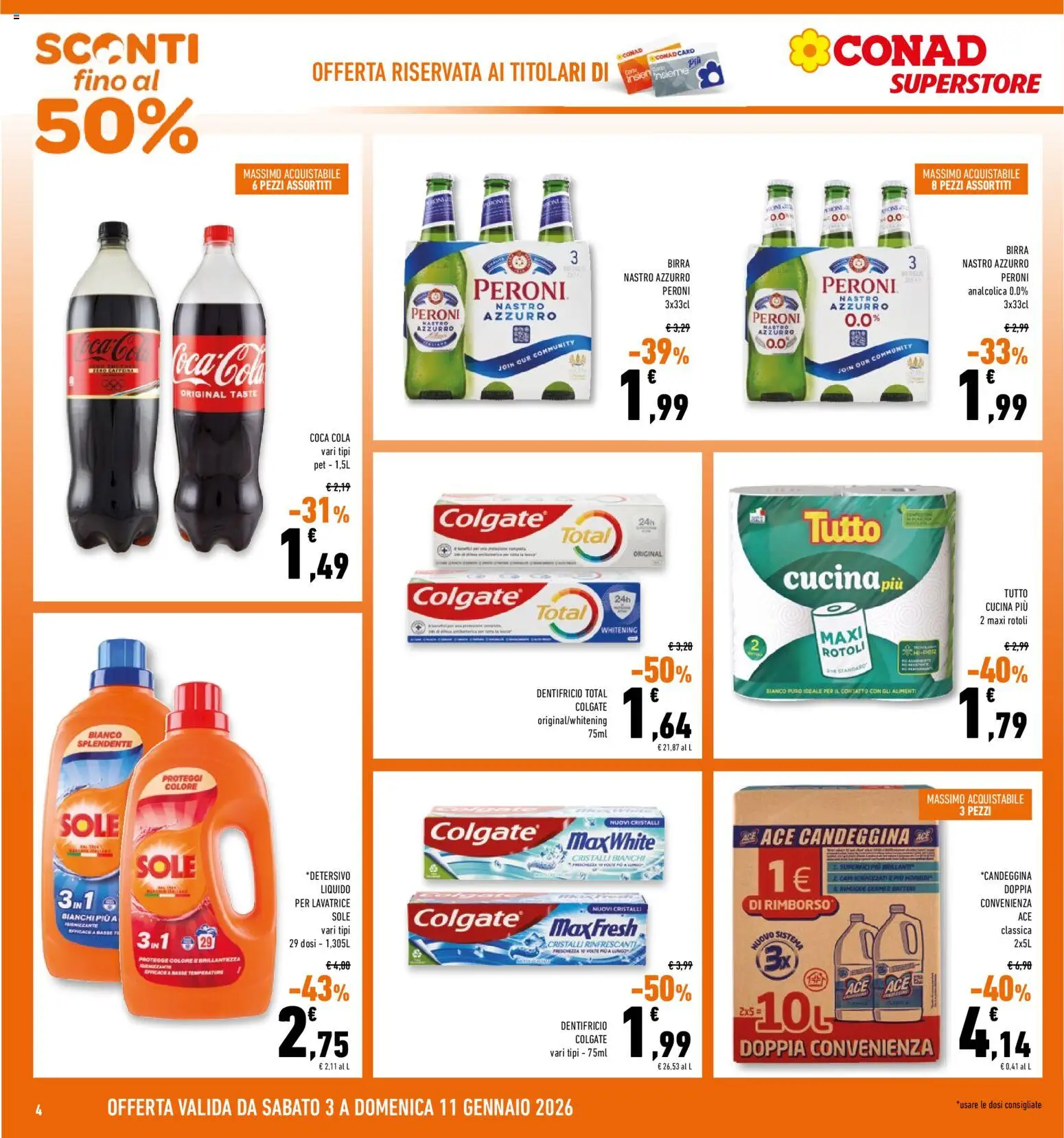 Volantino Conad del 03.01.2026 | Pagina: 4 | Prodotti: Birra, Candeggina, Lavatrice, Coca Cola