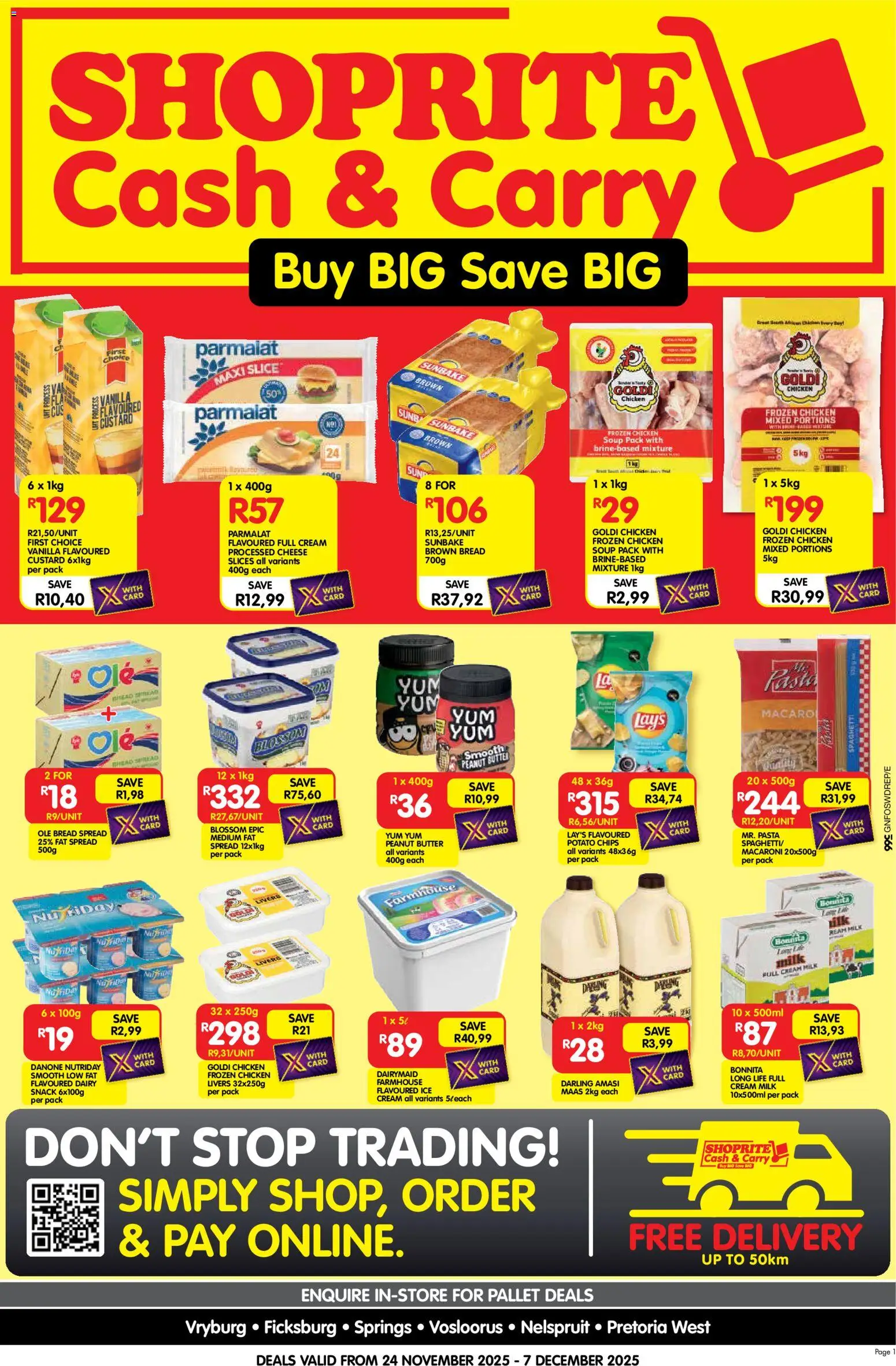 New Shoprite catalogue – valid from 24.11.2025 | Page: 1 | Products: Custard, Bread, Chicken, Chips