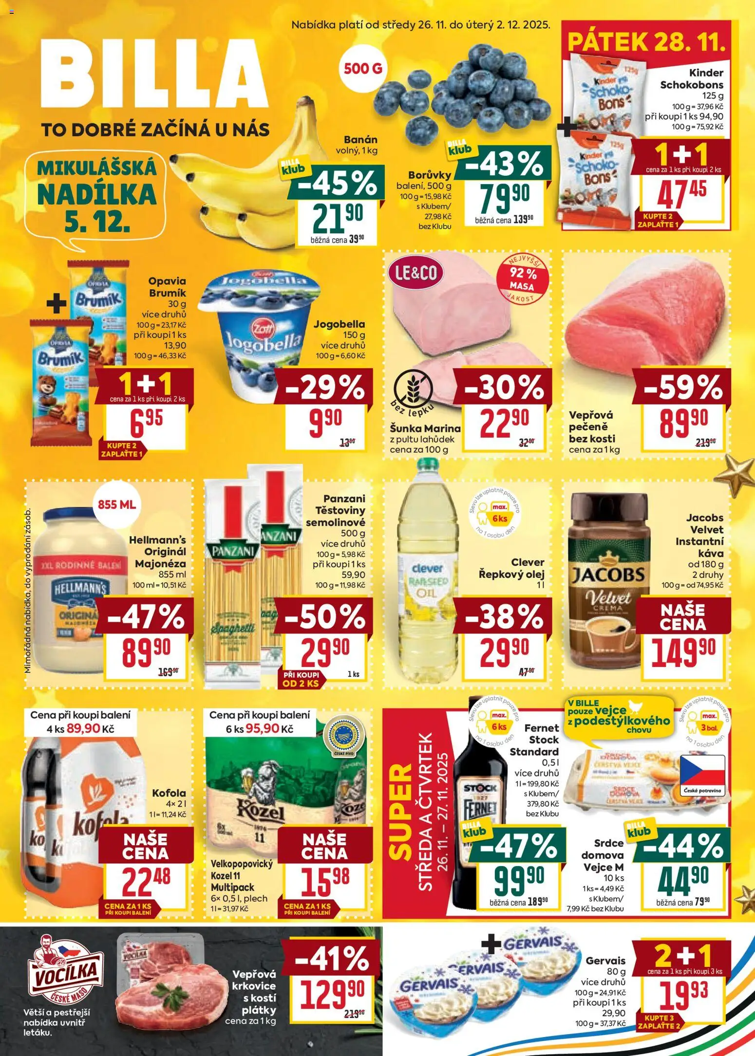 Billa Velký leták od 26.11.2025 | Strana: 1 | Produkty: Káva, Velvet, Jogobella, Brumik