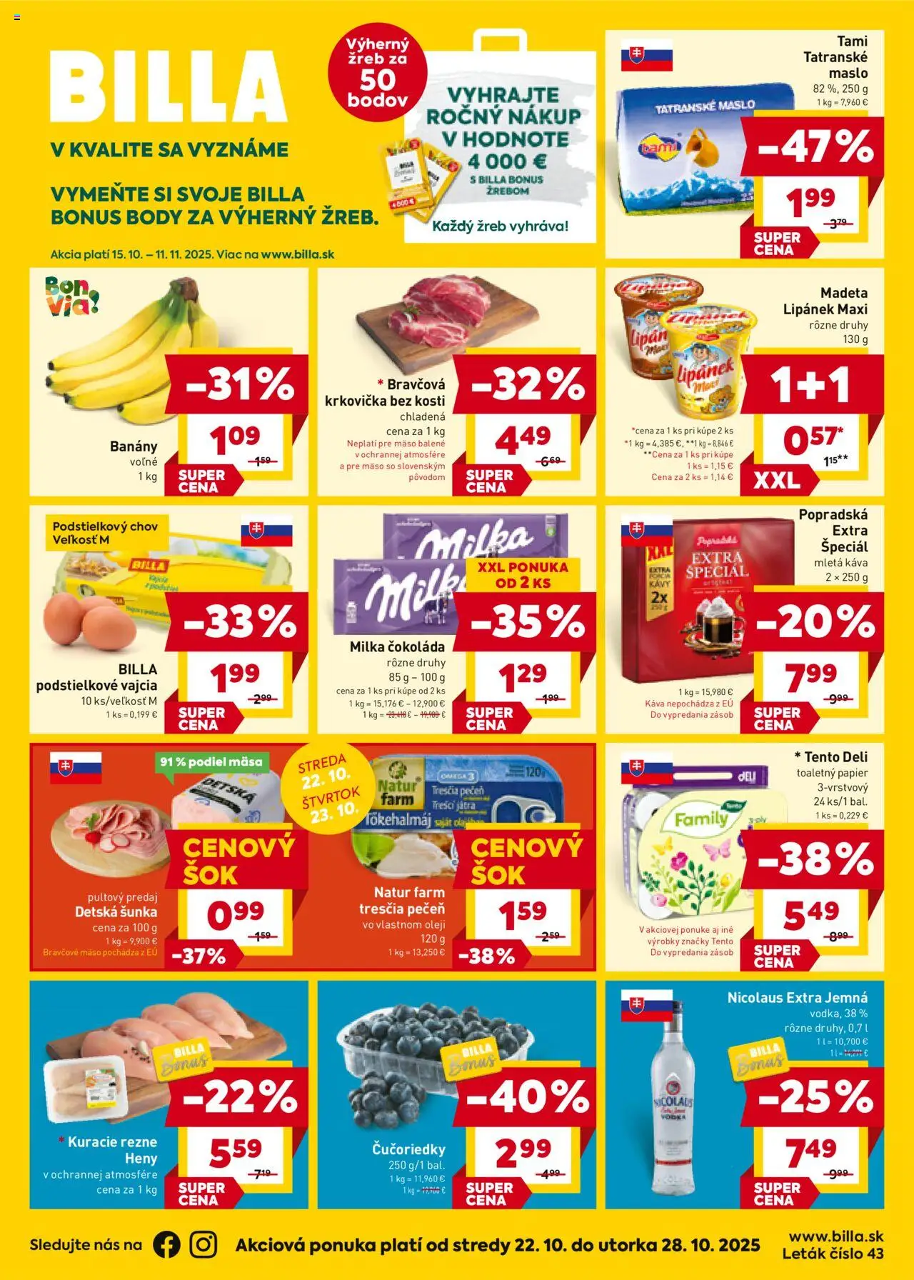 Nové Billa akcie – leták je platný od 22.10.2025 | Strana: 1 | Produkty: Maslo, Banány, Toaletný papier, Kuracie rezne
