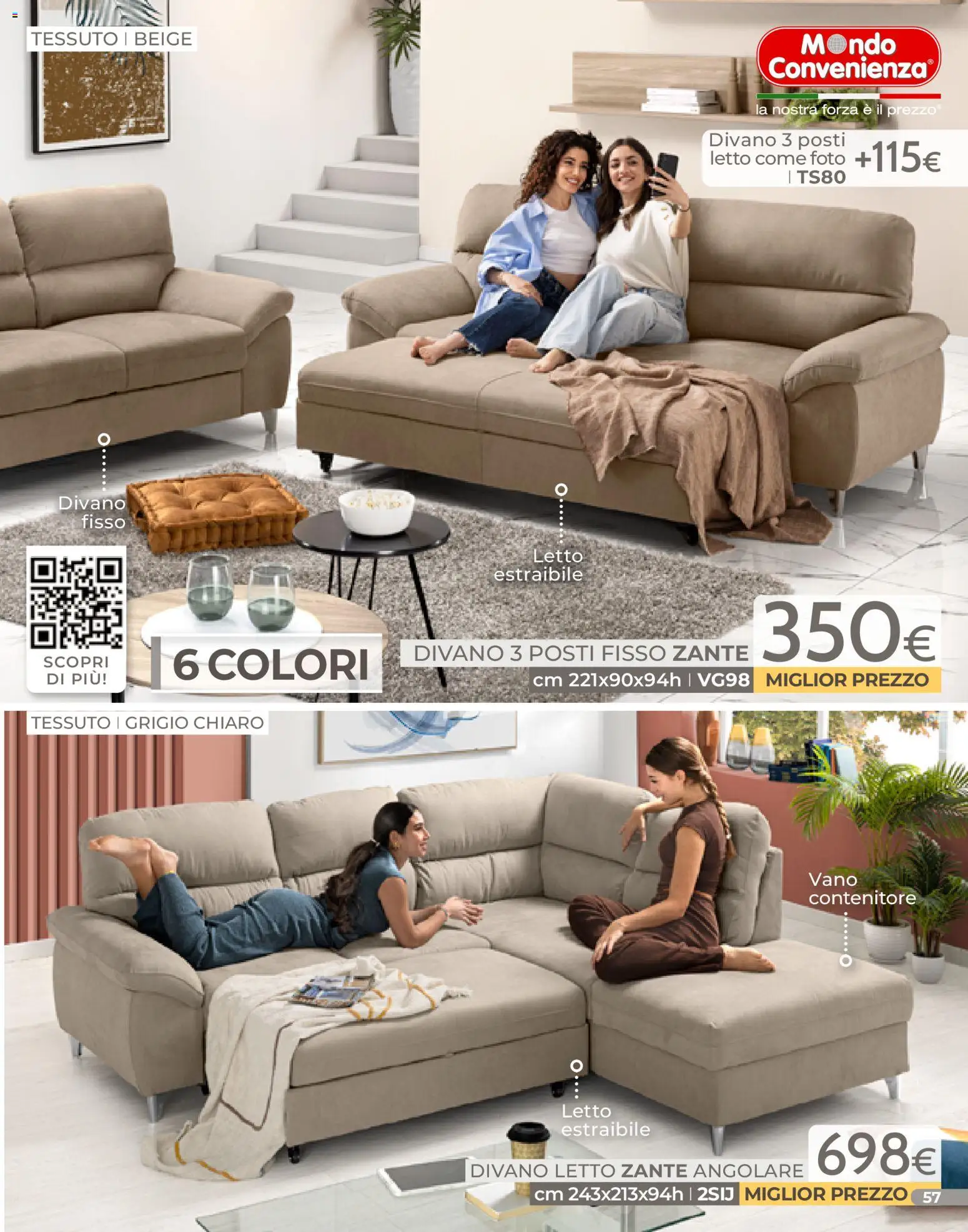 Volantino Mondo Convenienza del 04.01.2026 | Pagina: 57 | Prodotti: Divano letto, Contenitore, Letto, Divano