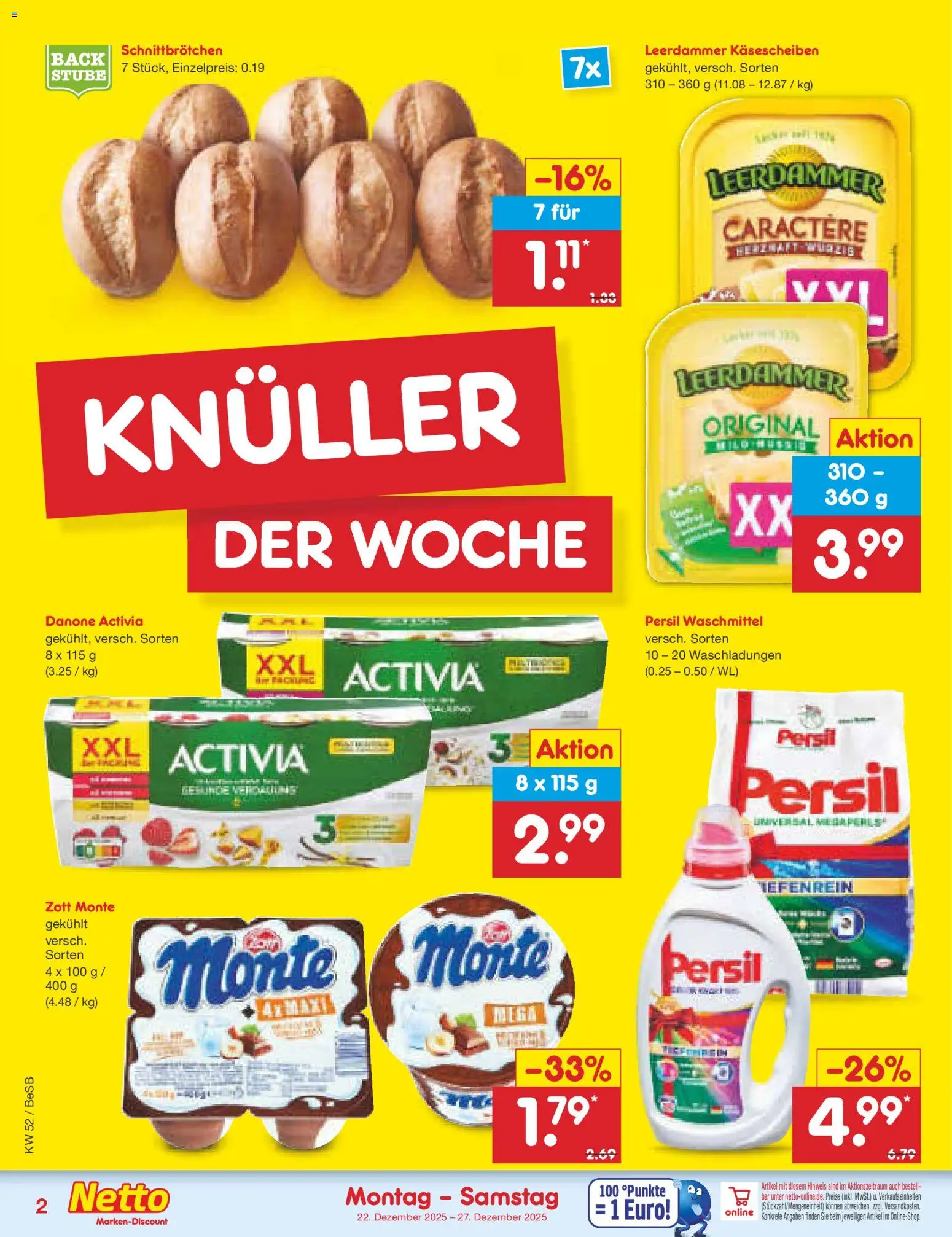 Netto Marken-Discount Prospekt 	 – gültig ab 22.12.2025 | Seite: 2 | Produkte: Activia, Leerdammer, Waschmittel, Persil