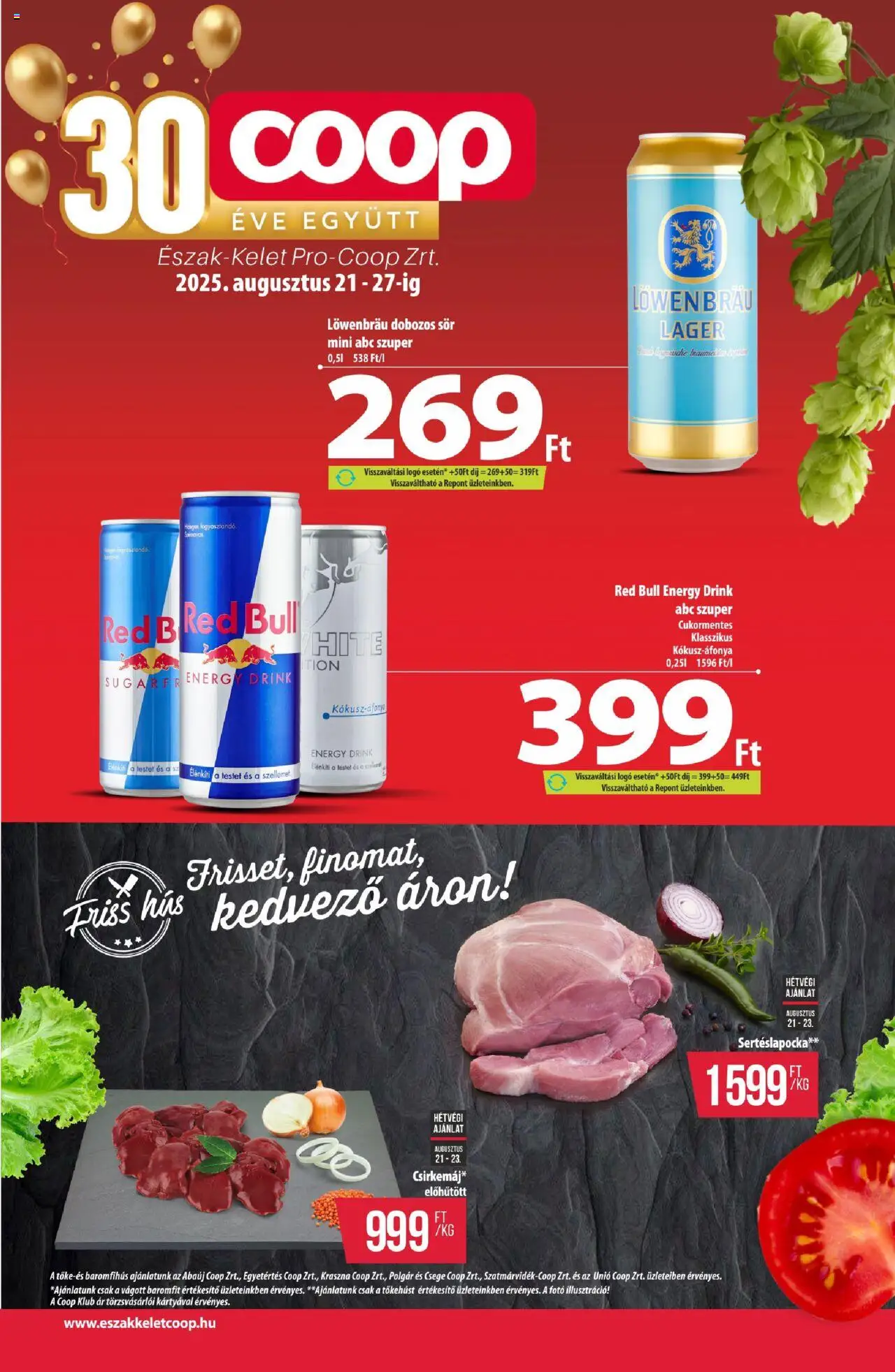 COOP akciós ujság - amely érvényes a következő dátumtól: 21.08.2025 | Oldal: 1 | Termékek: Hús, Sertéslapocka, Red bull, Dobozos sör