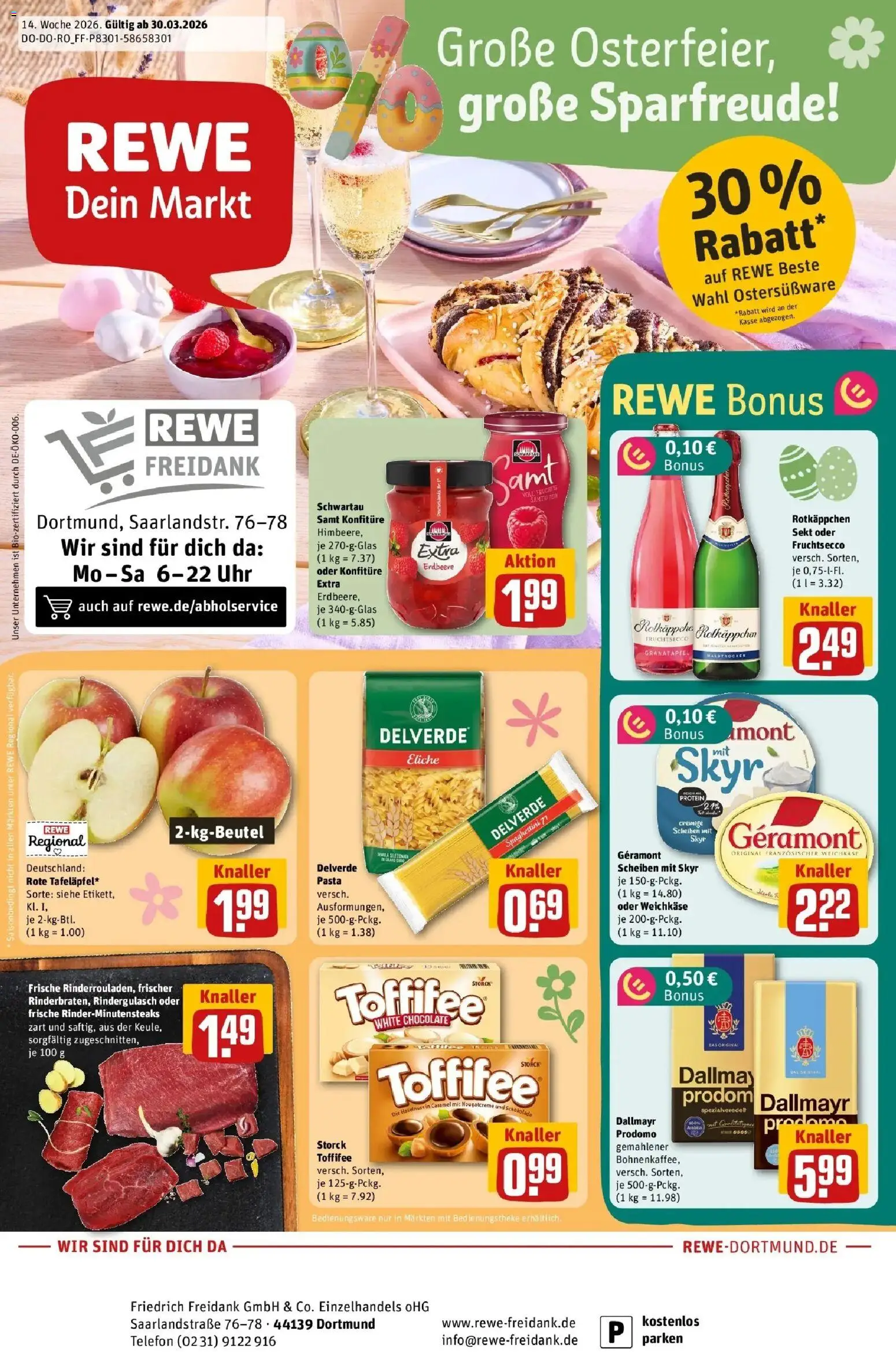 Rewe Prospekt Dortmund	 – gültig ab 30.03.2026 | Seite: 1 | Produkte: Granatapfel, Schokolade, Toffifee, Dallmayr prodomo