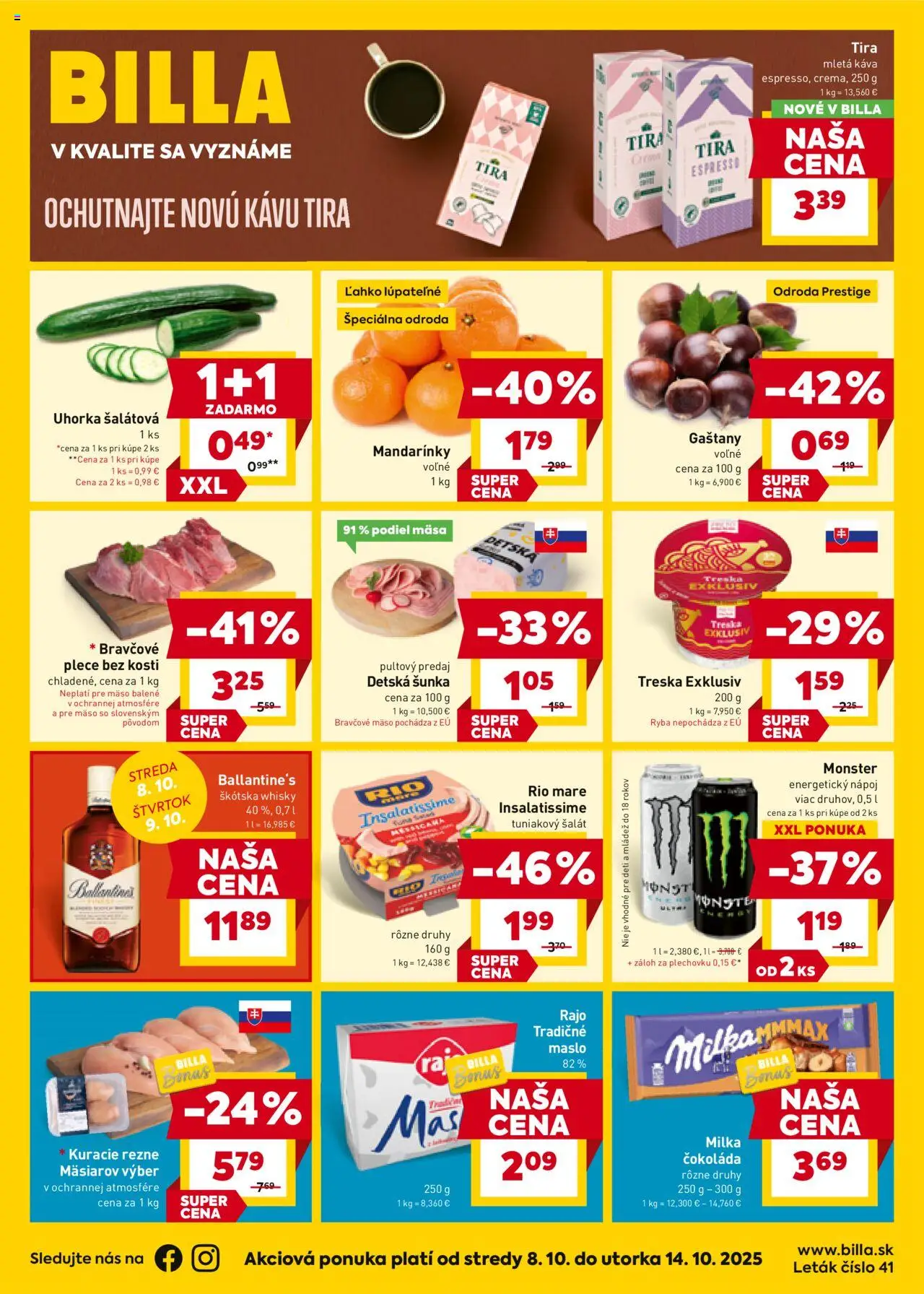 Nové Billa akcie – leták je platný od 08.10.2025 | Strana: 1 | Produkty: Čokoláda, Šalát, Milka, Treska