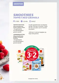 Forhåndsvisning av Eldorado Smoothie Ananas, Papaya, Mango, Smoothie mix with pineapple, papaya and mango. gyldig fra 02.03.2026 | Side: 63 | Produkter: Yoghurt, Juice, Granola, Topp