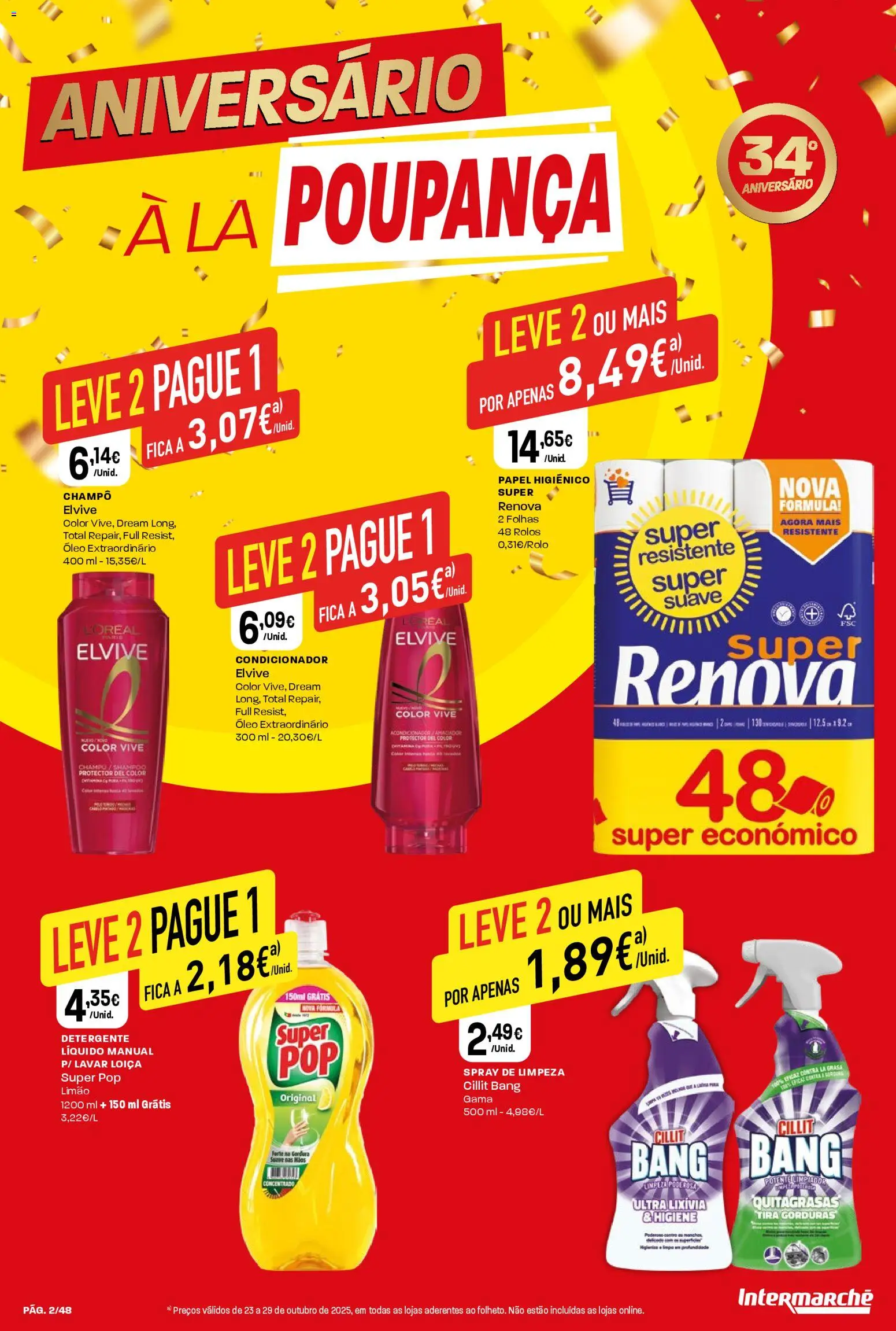 Intermarché folheto │ válido de 23.10.2025 | Página: 2 | Produtos: Papel higiénico, Condicionador, Detergente, Óleo