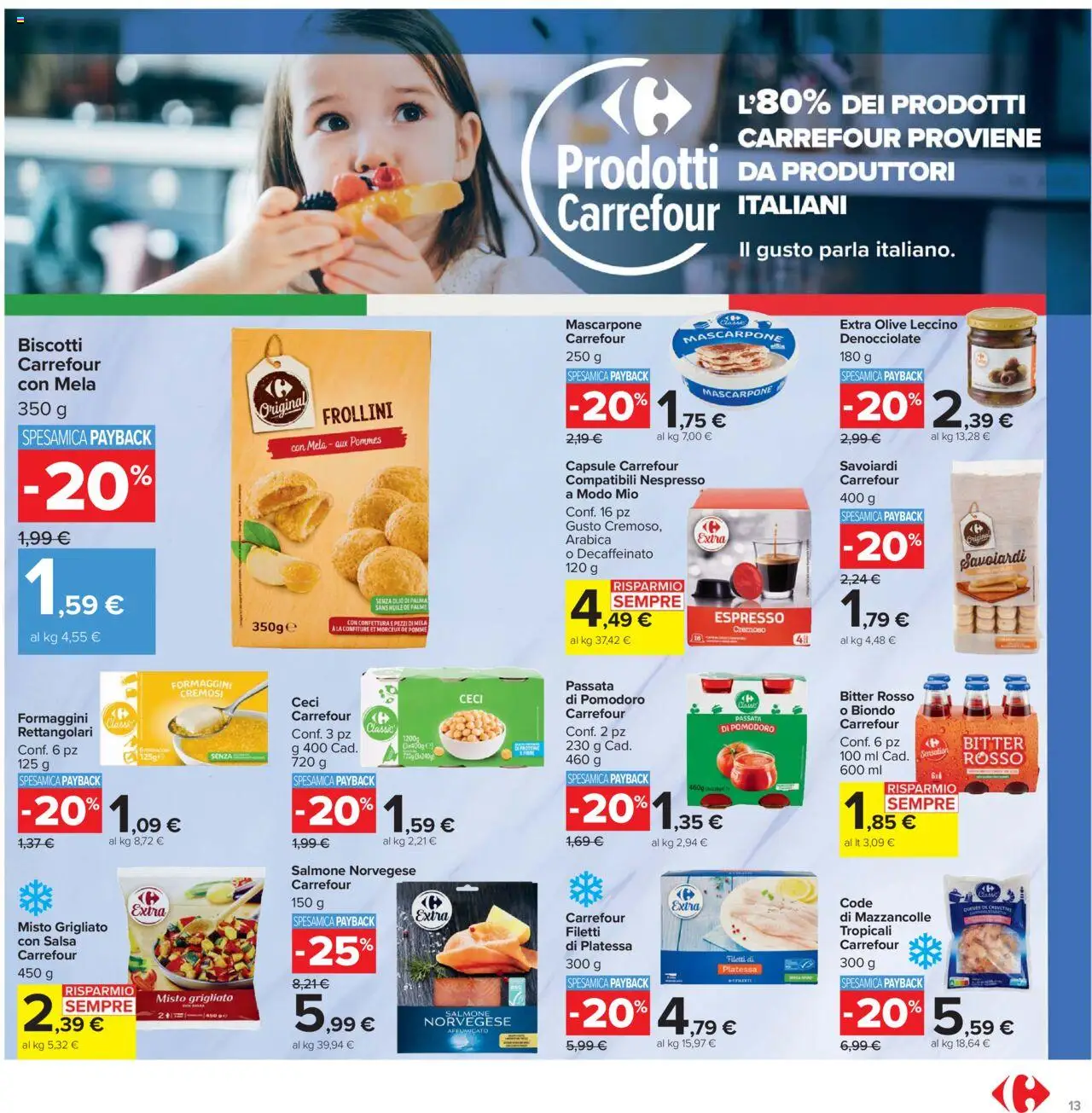 Volantino Carrefour del 20.10.2025 | Pagina: 13 | Prodotti: Salmone, Ceci, Mazzancolle, Pomodoro