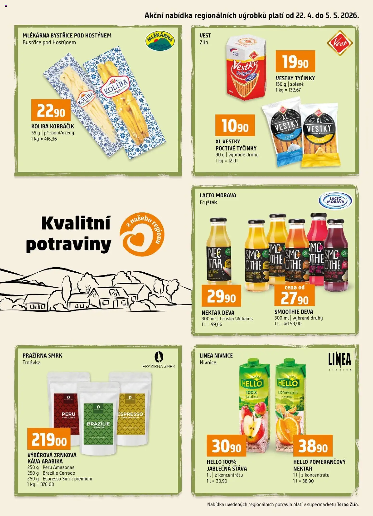 Terno leták - Kvalitní potraviny z našeho regionu od 22.04.2026 | Strana: 1 | Produkty: Mango, Káva, Tyčinky, Zrnková káva