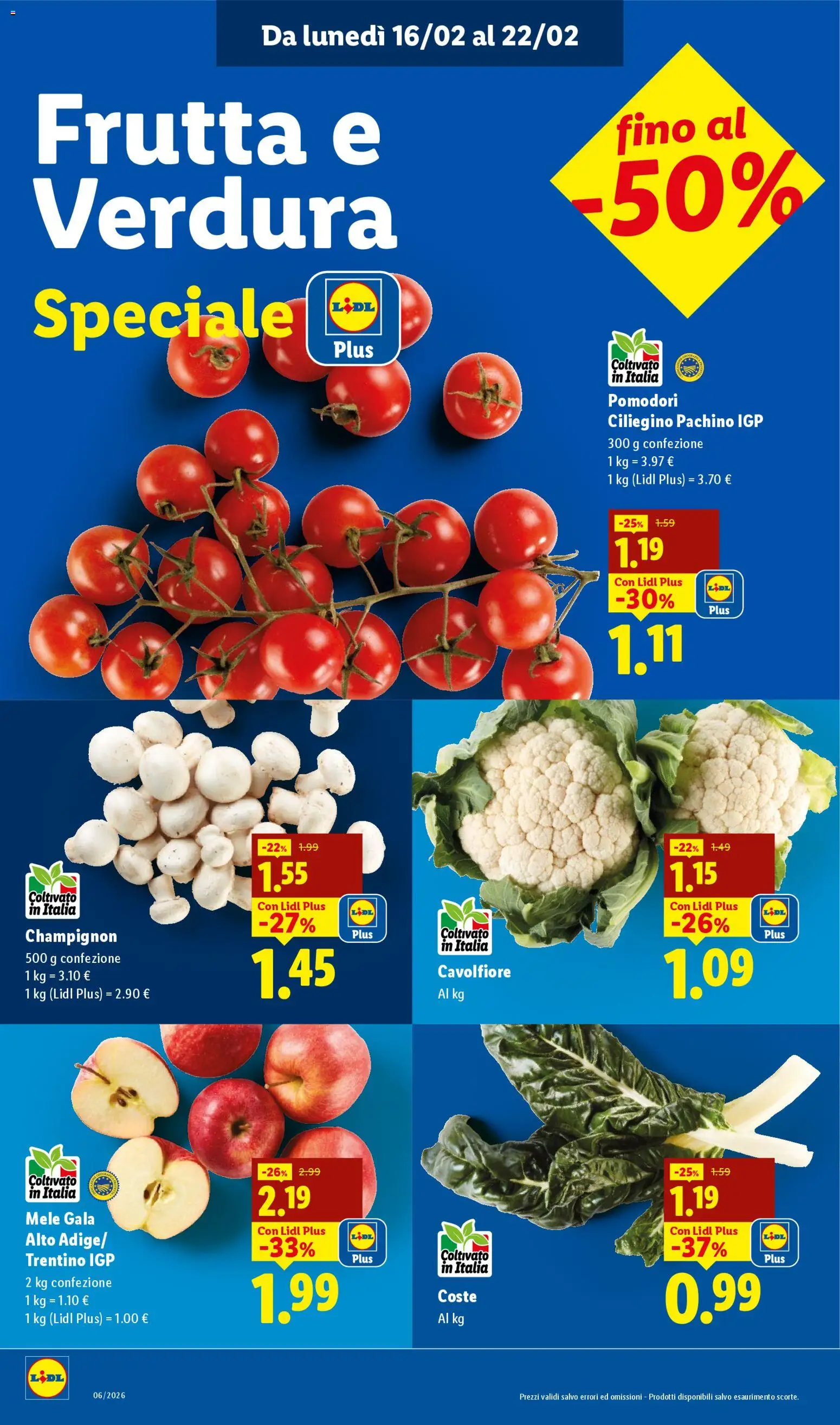 Volantino Lidl del 16.02.2026 | Pagina: 2 | Prodotti: Mele, Frutta, Pomodori, Cavolfiore