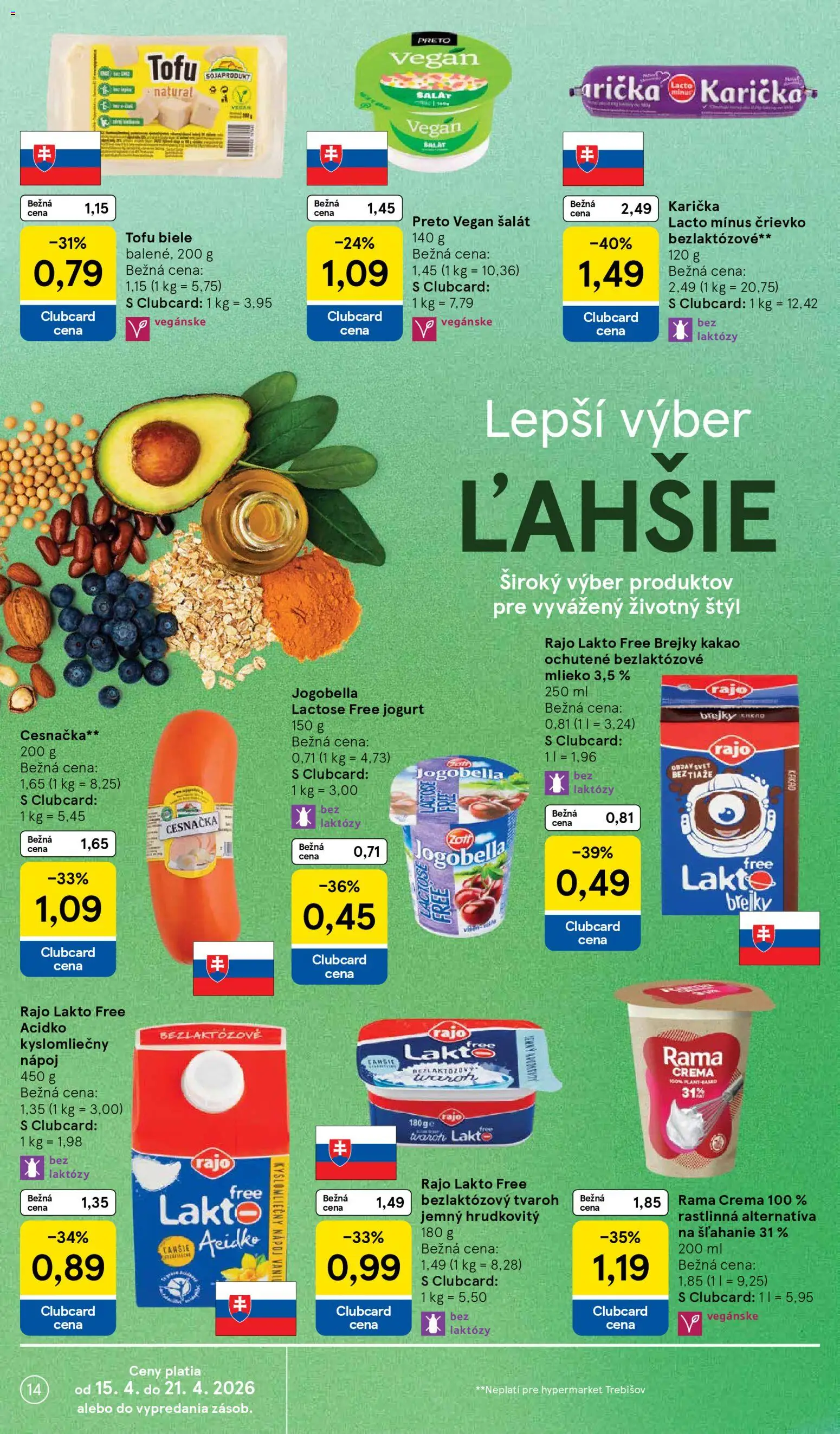Nové Tesco akcie – leták je platný od 15.04.2026 | Strana: 14 | Produkty: Šalát, Acidko, Bezlaktózové mlieko, Kakao