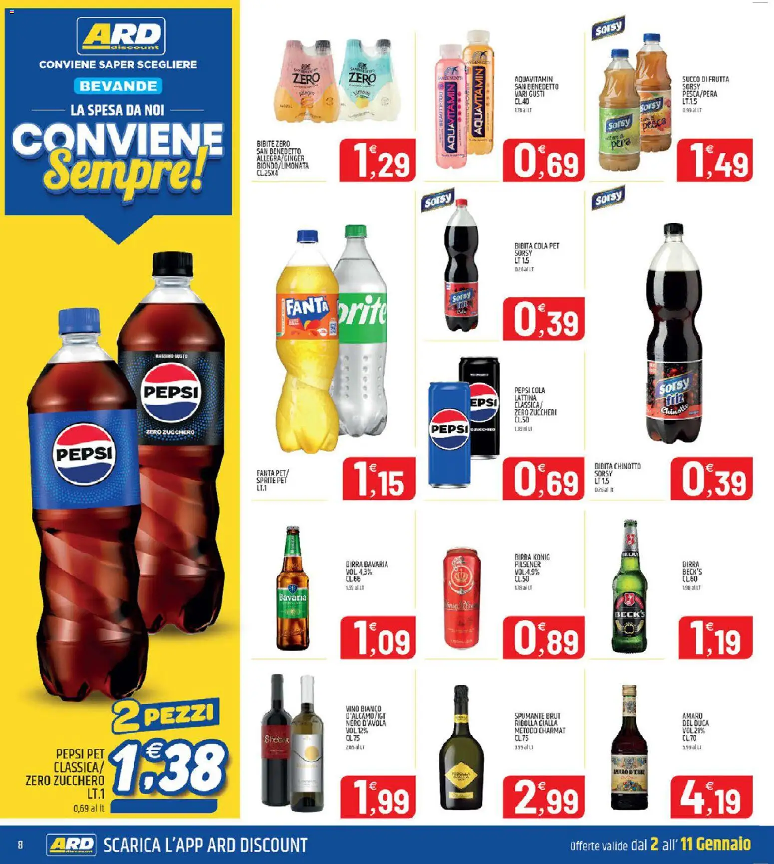 Volantino ARD Discount del 02.01.2026 | Pagina: 8 | Prodotti: Birra, Spumante, Pepsi, Vino bianco