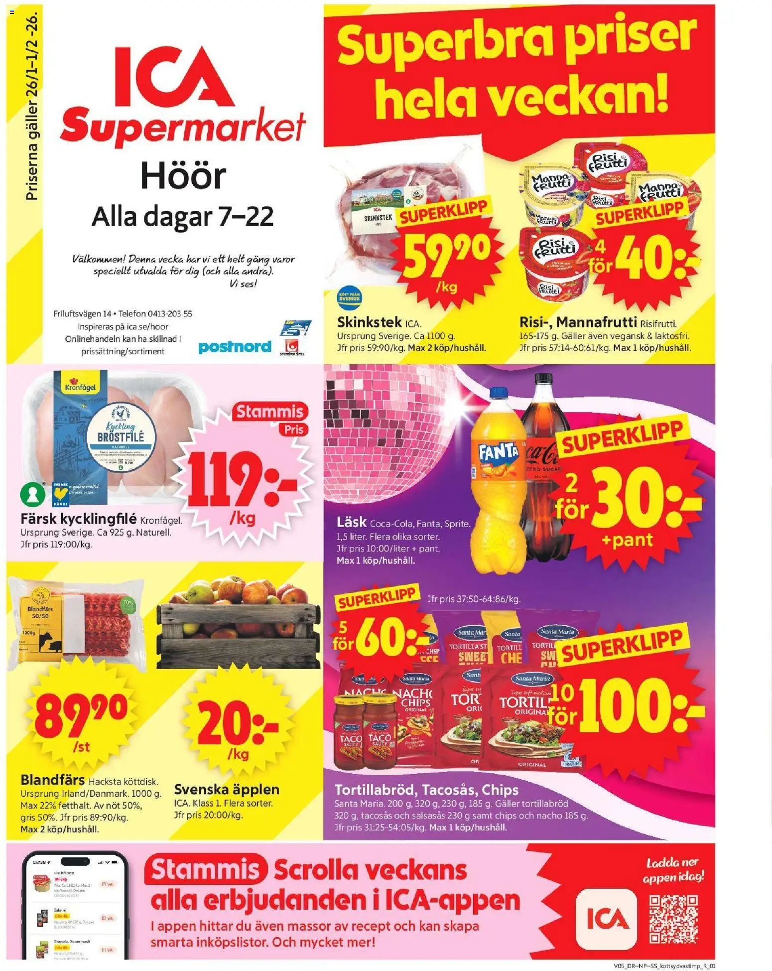 ICA Supermarket reklamblad aktuell från 26.01.2026 | Sida: 1 | Produkter: Tortilla, Tacosås, Kycklingfile, Telefon