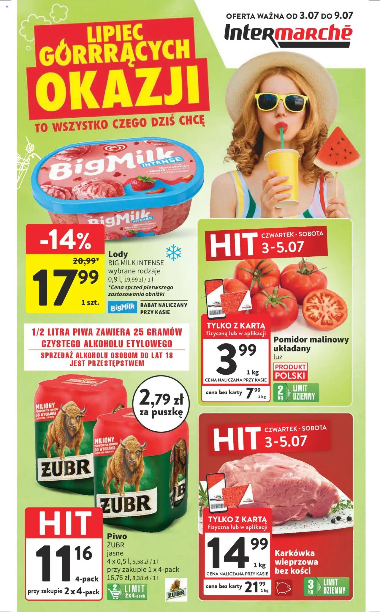 Intermarche Gazetka od 03.07.2025 | Strona: 1 | Produkty: Piwo żubr, Karta, Pomidor malinowy, Karkówka